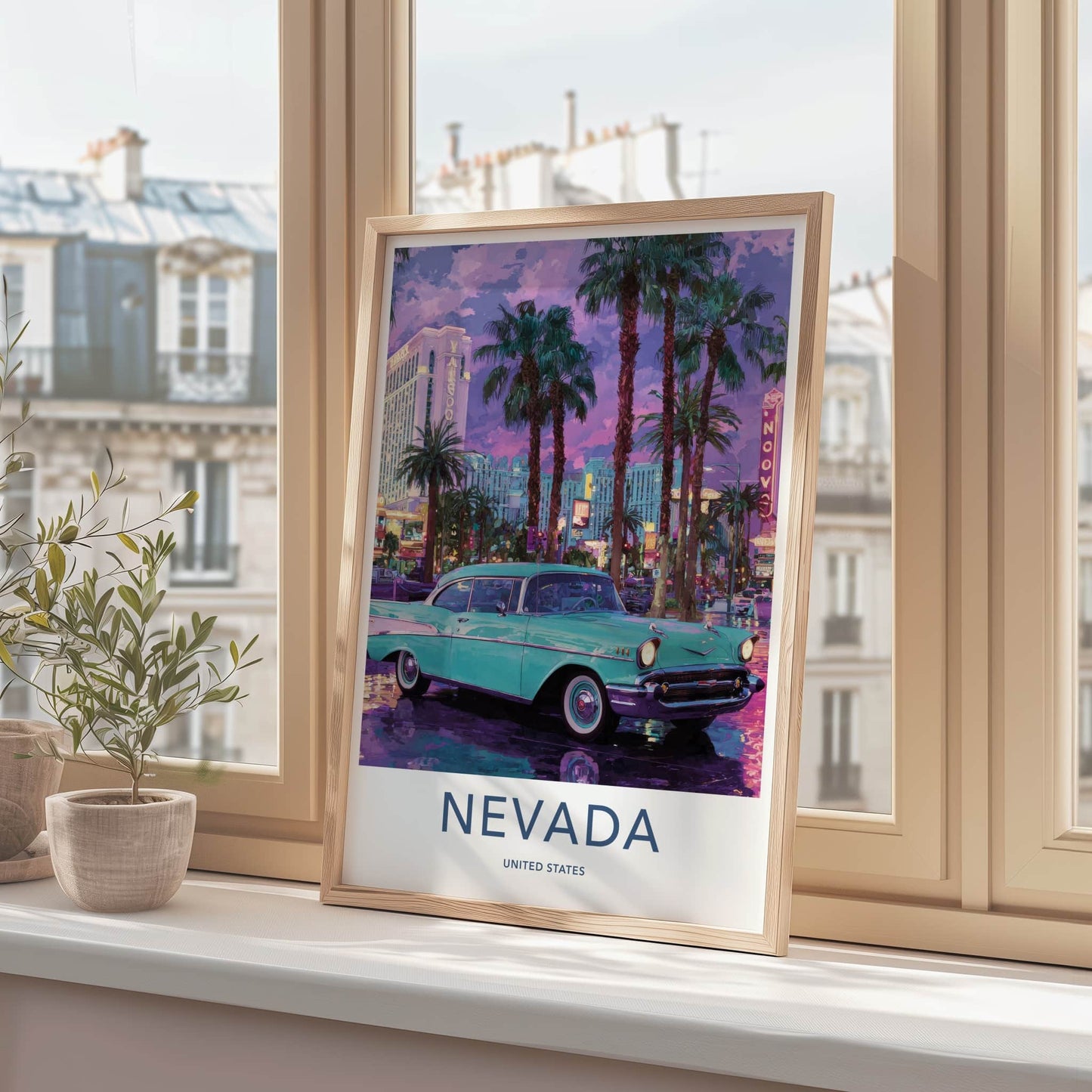 Nevada Poster - Nevada Framed Art - Pink Sunset Classic Car Gallery Art