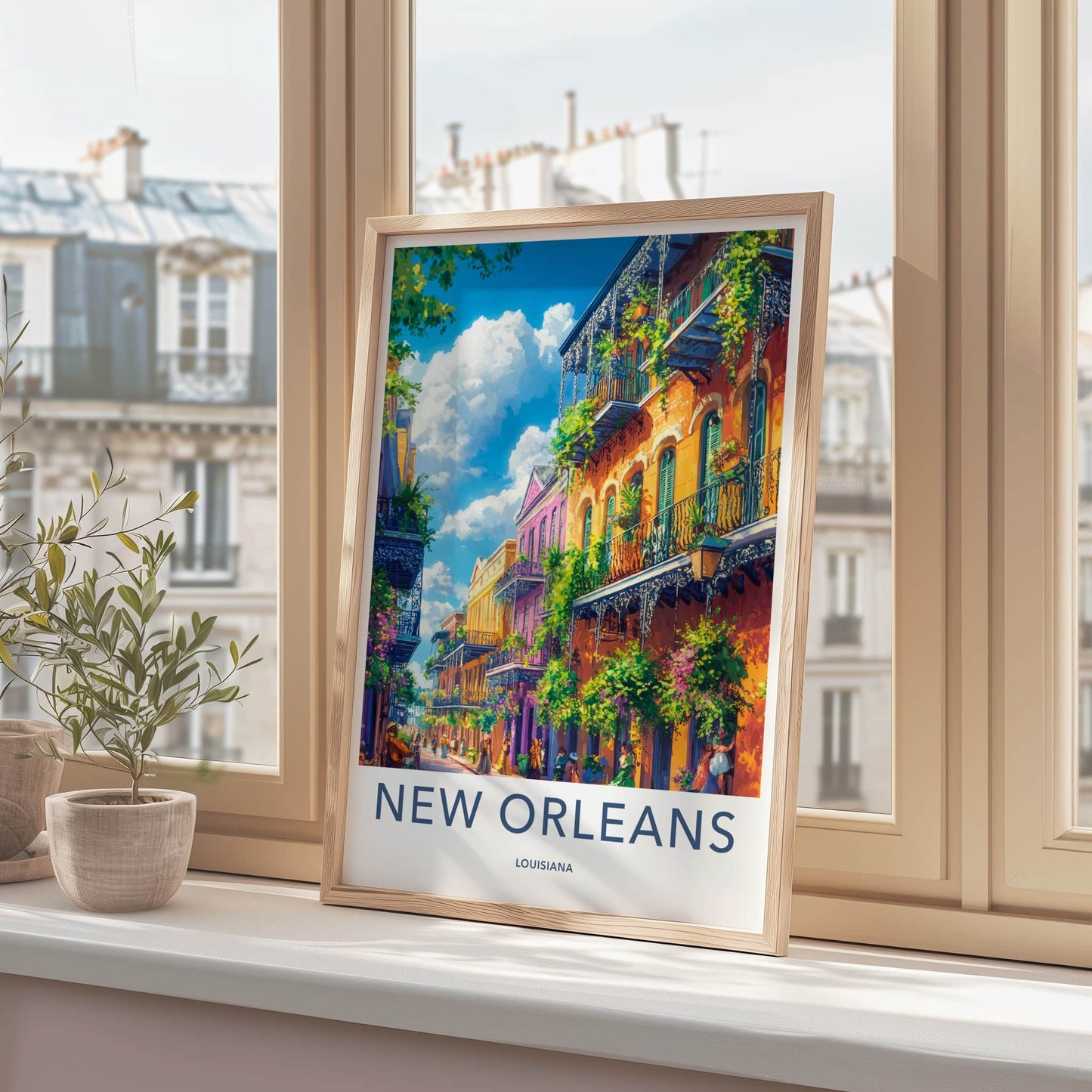 New Orleans Poster - Louisiana Wall Art - Colorful Street Balconies Gift