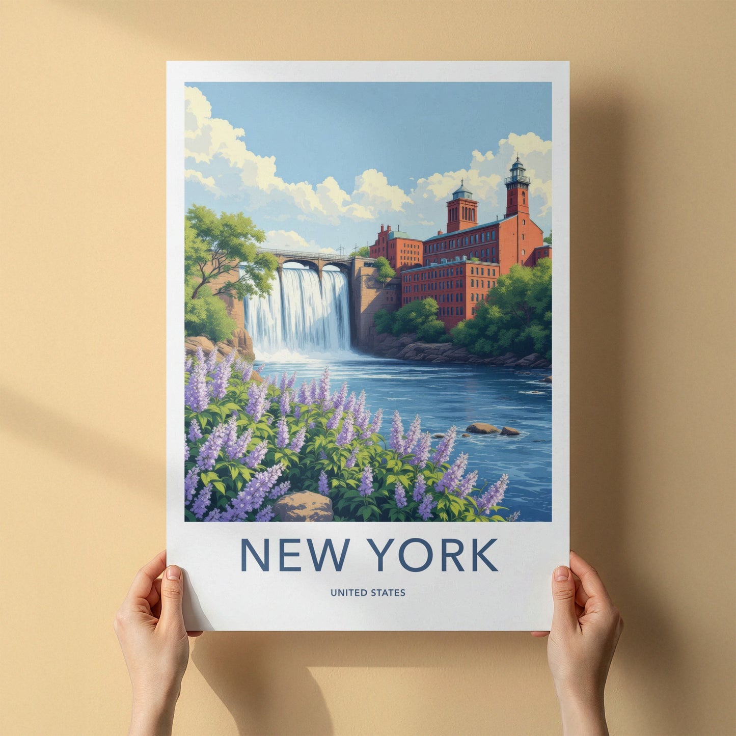 New York Poster - New York Travel Art - Cascading Waterfall Mill Home Decor