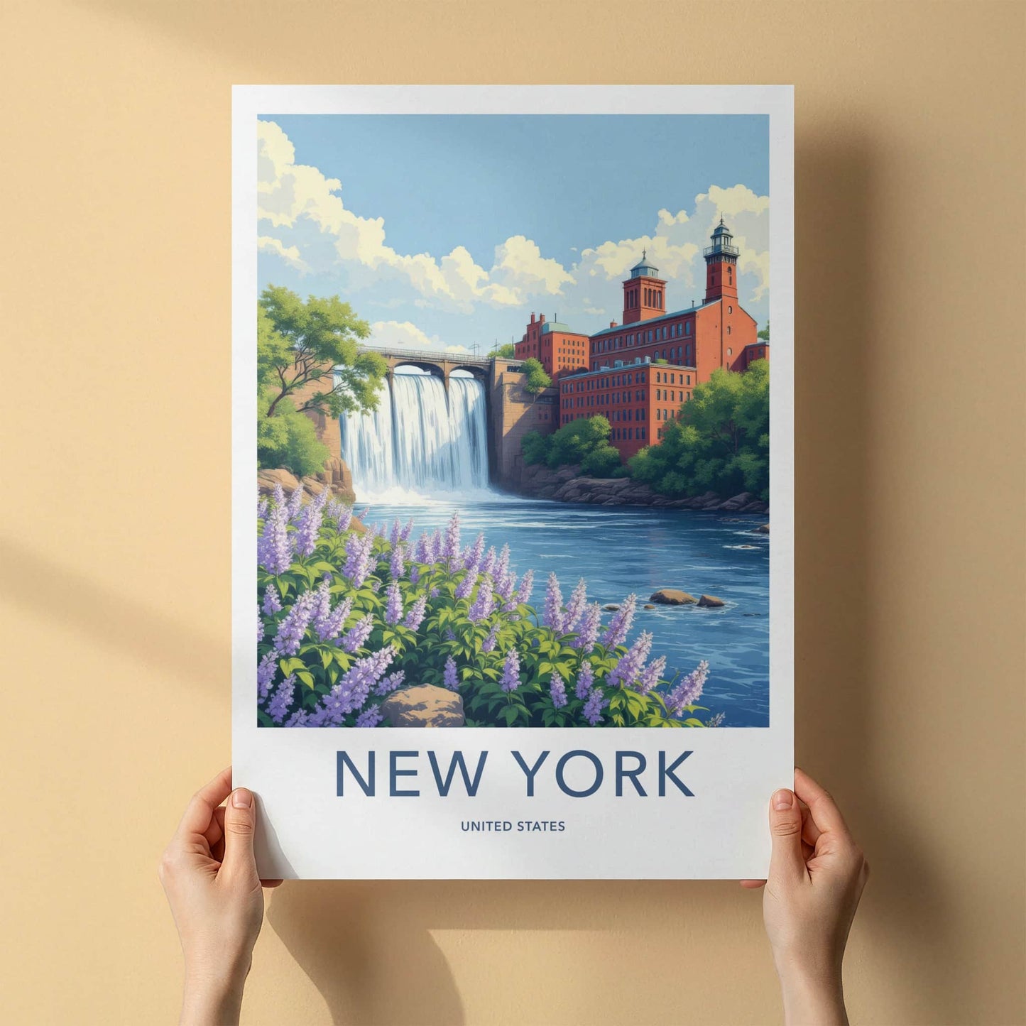 New York Poster - New York Travel Art - Cascading Waterfall Mill Home Decor