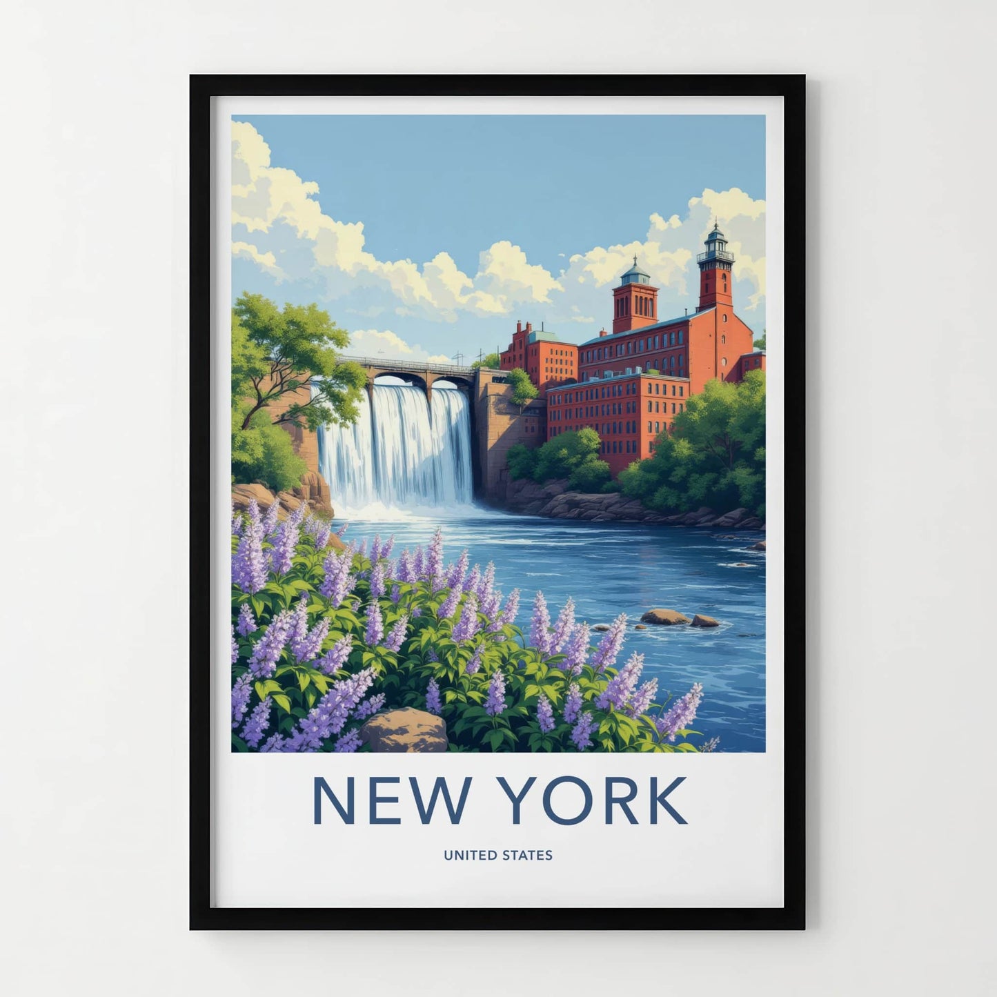 New York Poster - New York Travel Art - Cascading Waterfall Mill Home Decor