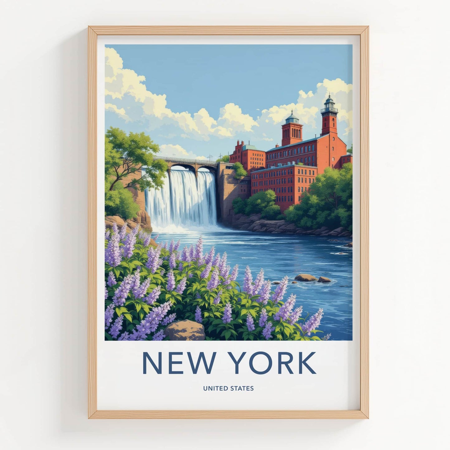 New York Poster - New York Travel Art - Cascading Waterfall Mill Home Decor