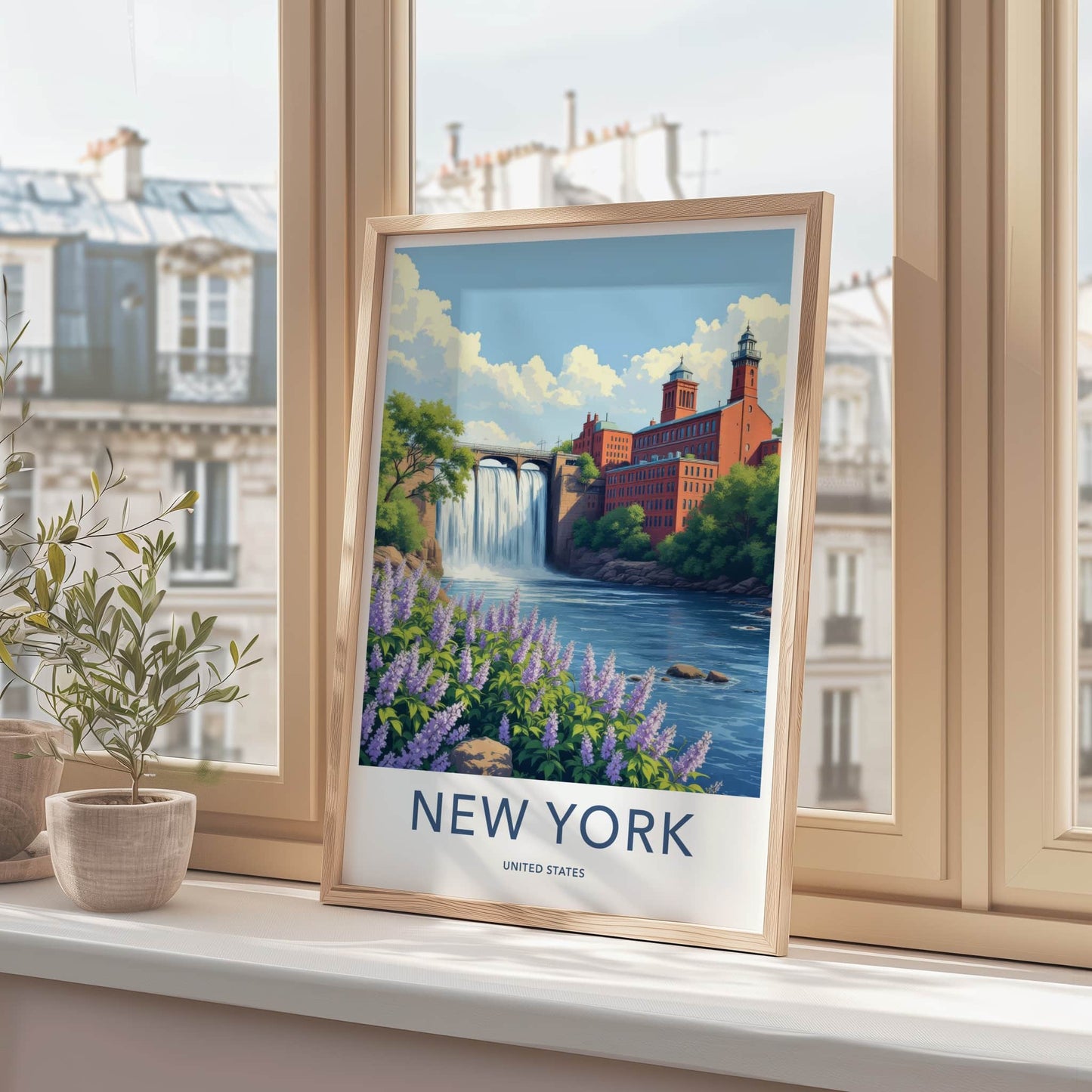 New York Poster - New York Travel Art - Cascading Waterfall Mill Home Decor