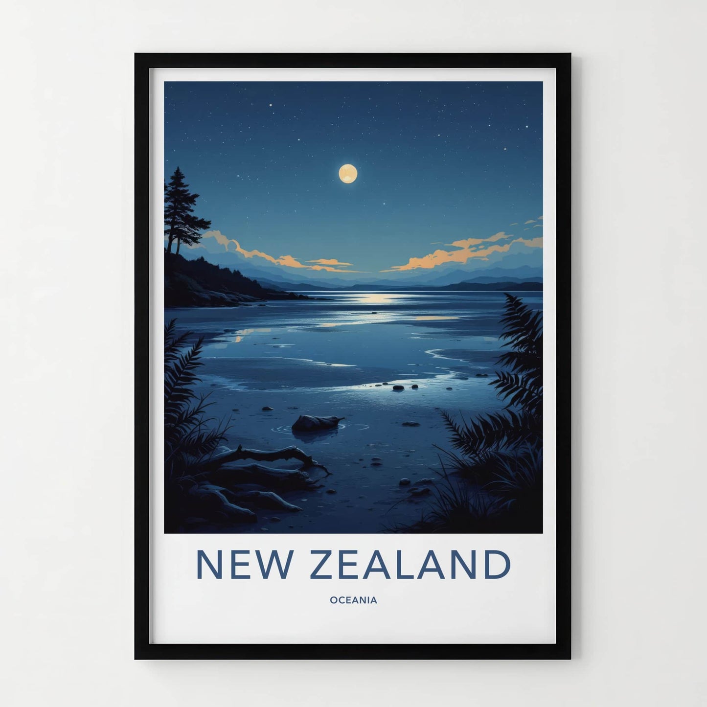 New Zealand Poster - New Zealand Travel Art - Moonlit Lake Shore Home Decor