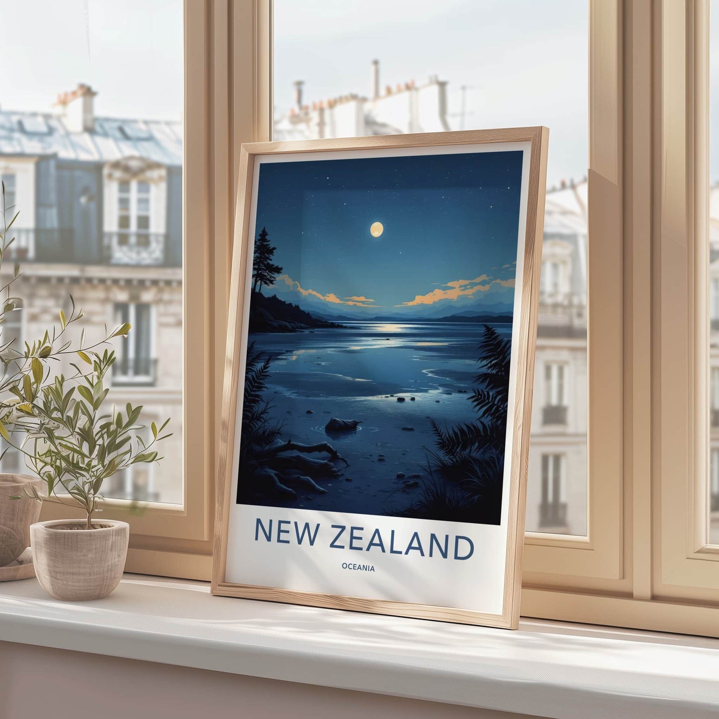 New Zealand Poster - New Zealand Travel Art - Moonlit Lake Shore Home Decor
