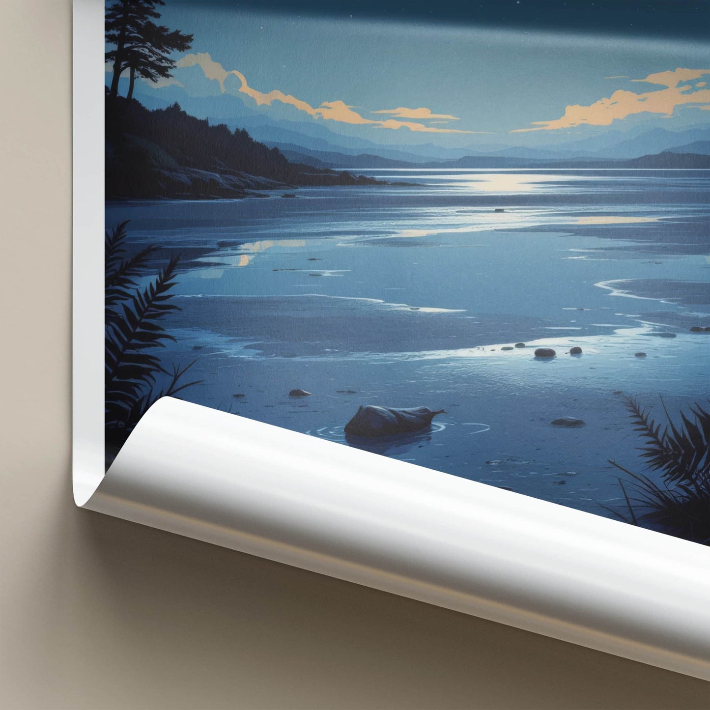 New Zealand Poster - New Zealand Travel Art - Moonlit Lake Shore Home Decor