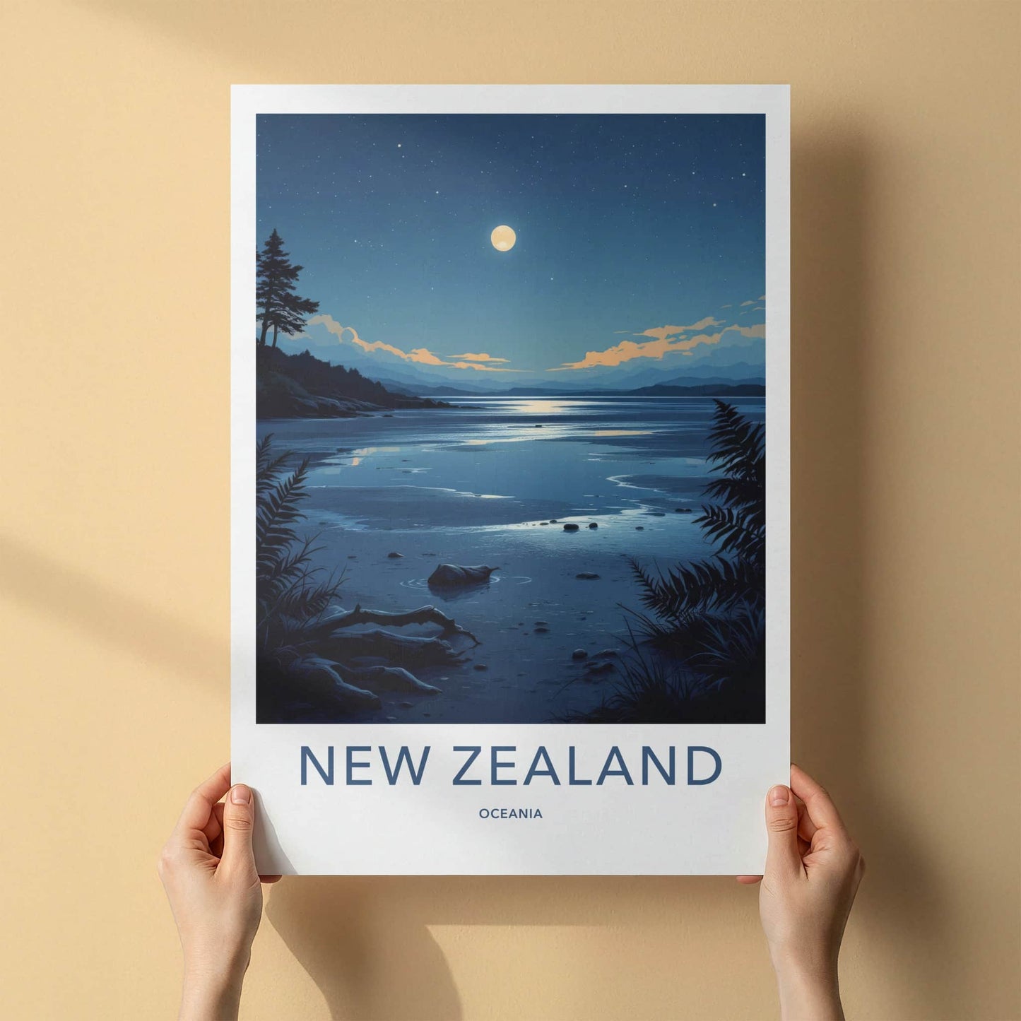 New Zealand Poster - New Zealand Travel Art - Moonlit Lake Shore Home Decor