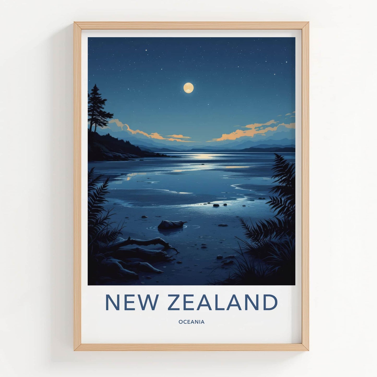 New Zealand Poster - New Zealand Travel Art - Moonlit Lake Shore Home Decor