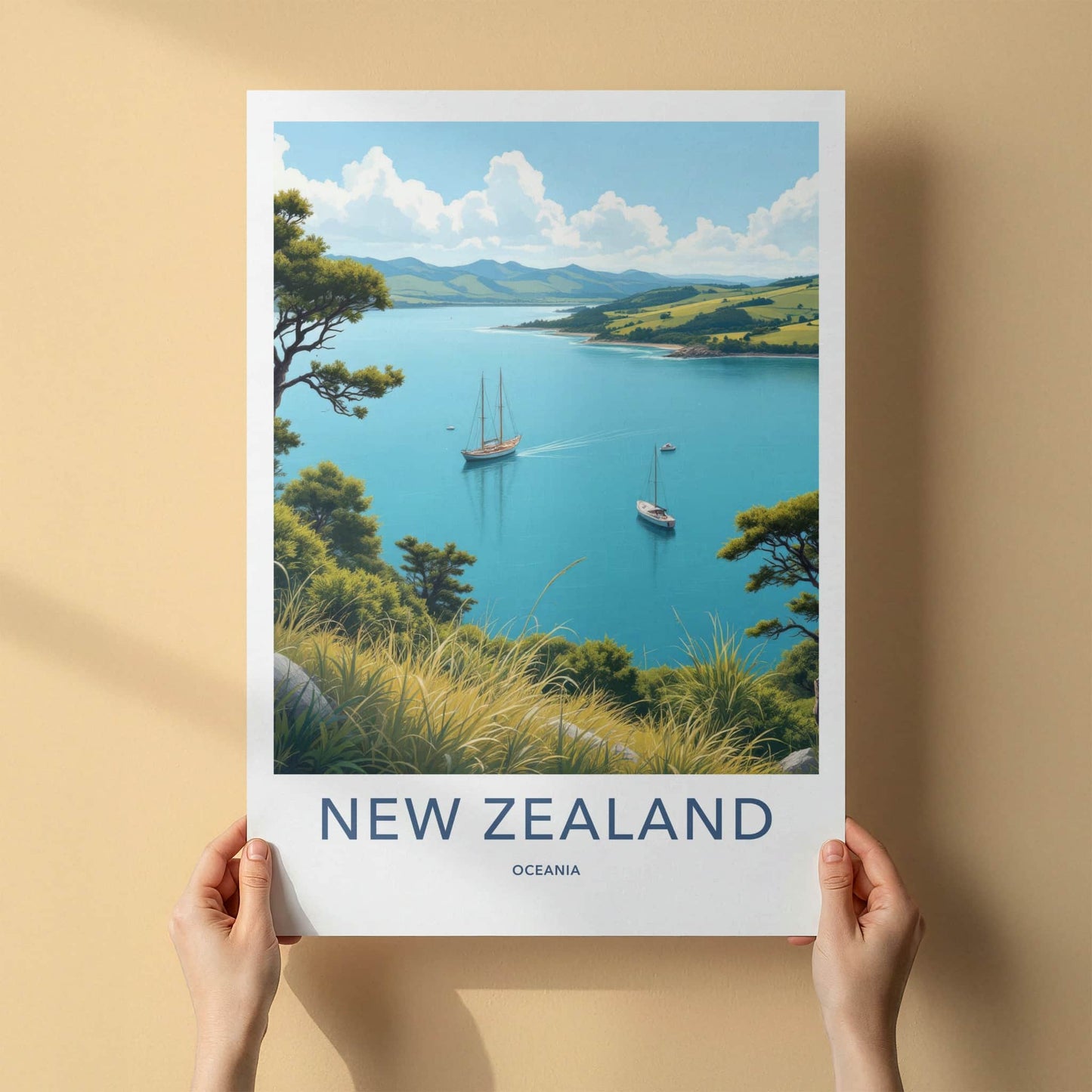 New Zealand Poster - New Zealand Travel Art - Sailboats Blue Waters Home Decor
