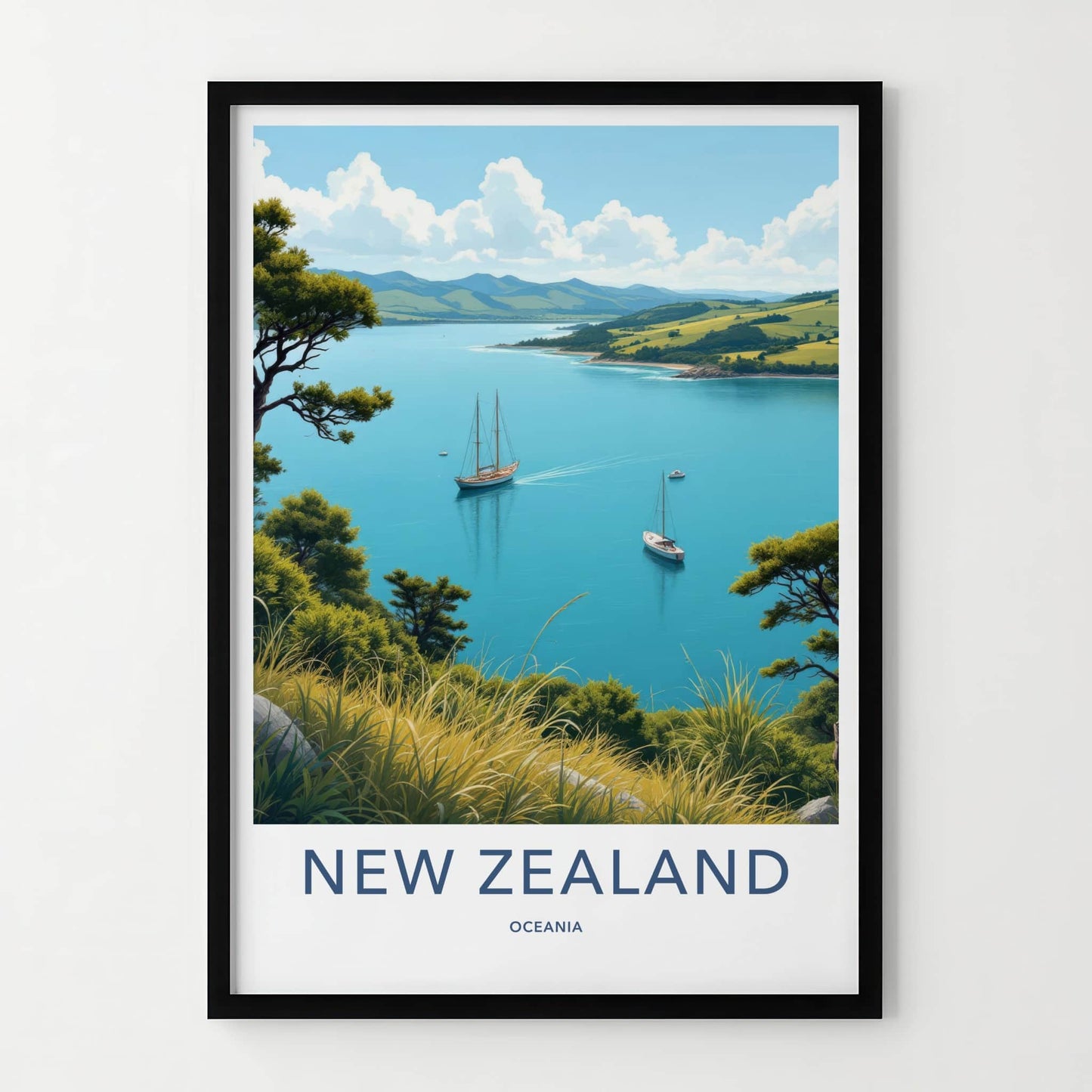 New Zealand Poster - New Zealand Travel Art - Sailboats Blue Waters Home Decor
