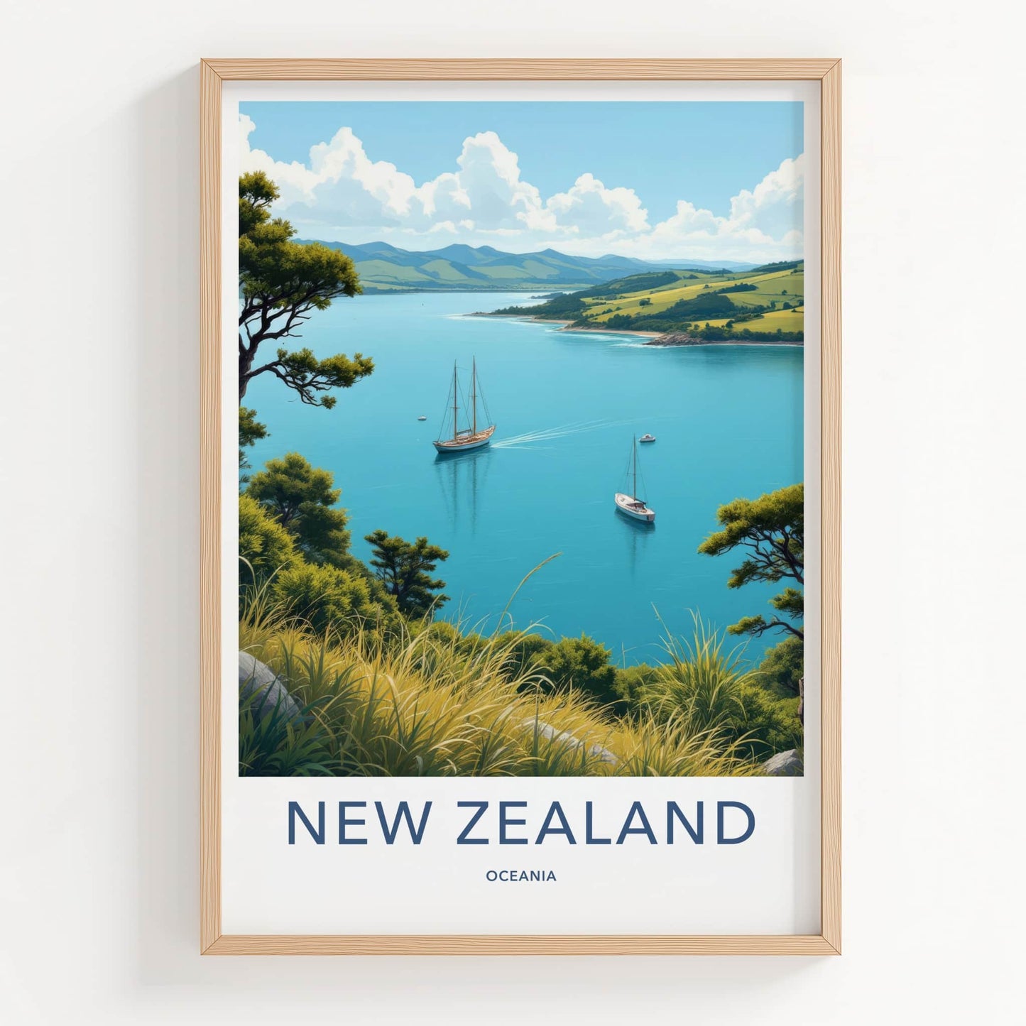 New Zealand Poster - New Zealand Travel Art - Sailboats Blue Waters Home Decor