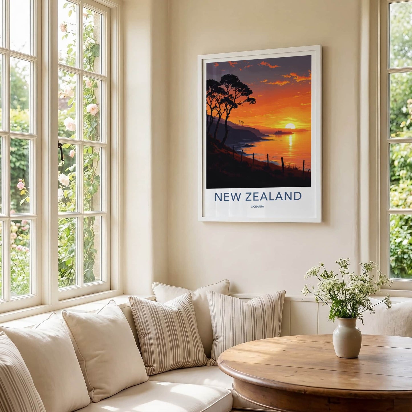 New Zealand Poster - New Zealand Travel Print - Golden Coastal Horizon Home Decor