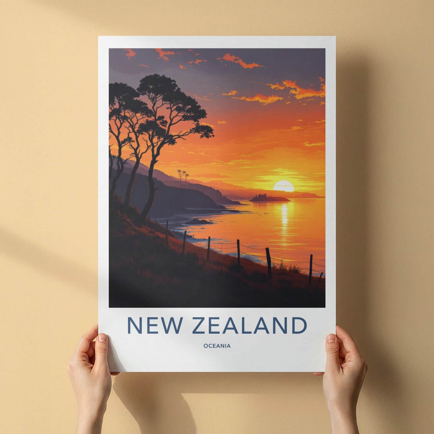 New Zealand Poster - New Zealand Travel Print - Golden Coastal Horizon Home Decor