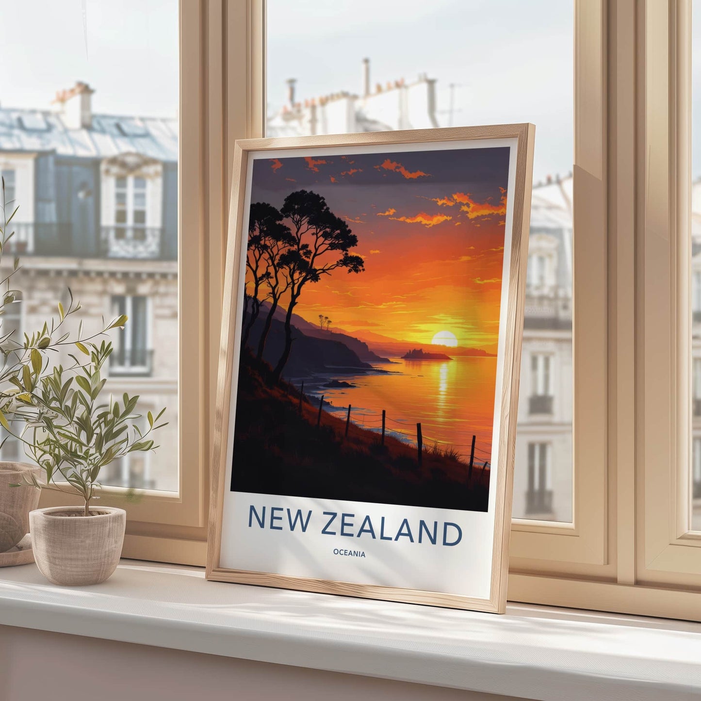 New Zealand Poster - New Zealand Travel Print - Golden Coastal Horizon Home Decor