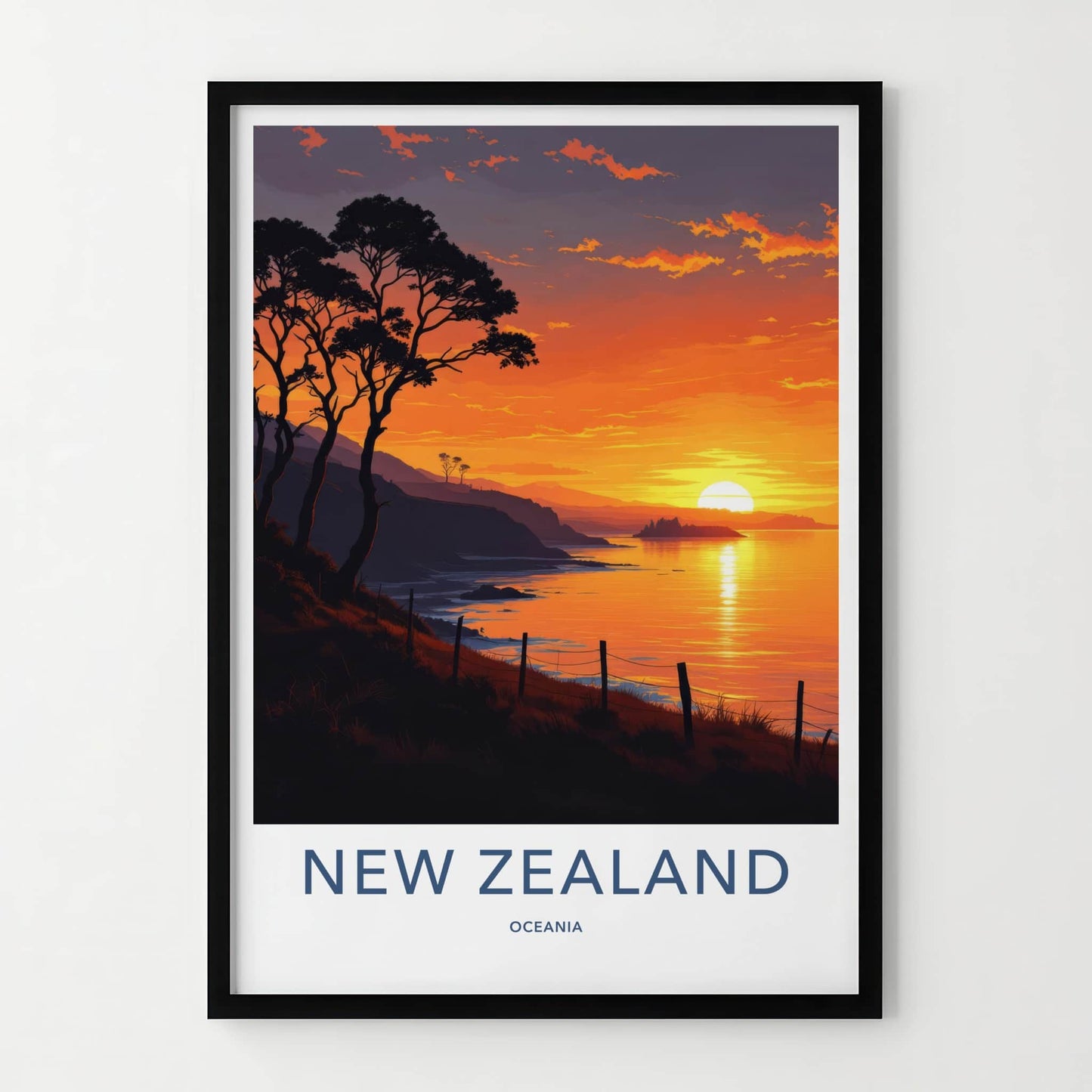 New Zealand Poster - New Zealand Travel Print - Golden Coastal Horizon Home Decor