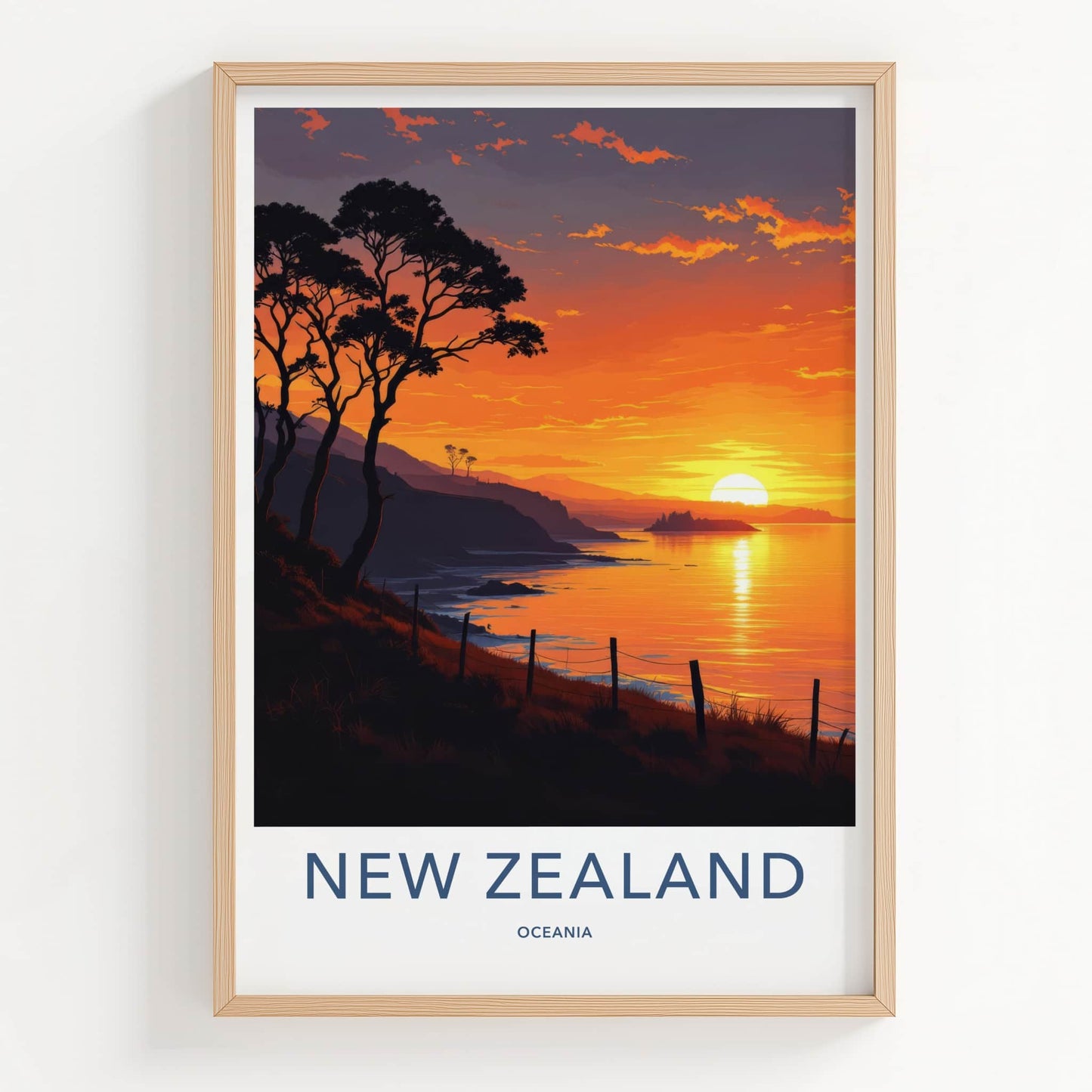 New Zealand Poster - New Zealand Travel Print - Golden Coastal Horizon Home Decor