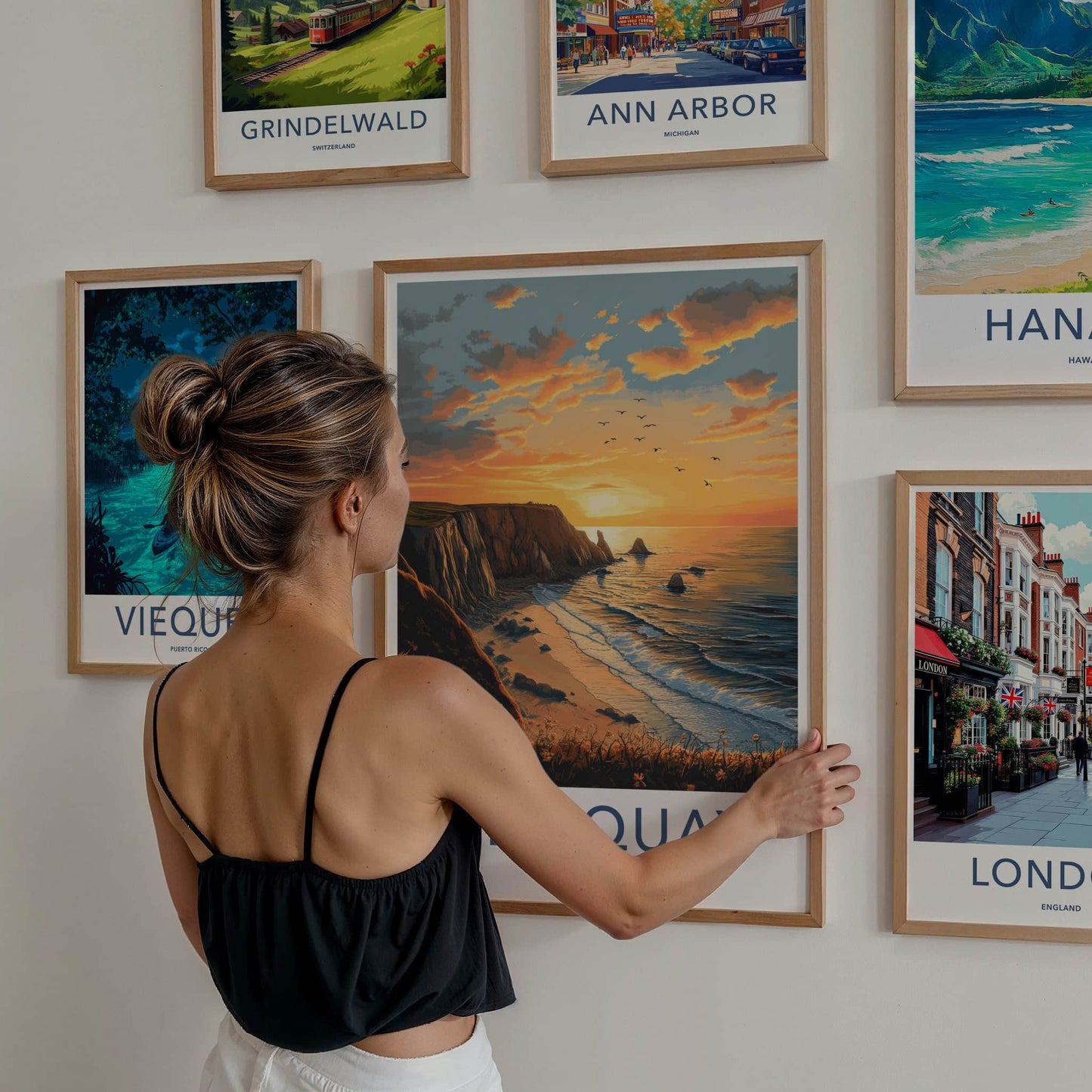 Newquay Poster - England Travel Art - Coastal Sunset Birds Home Decor
