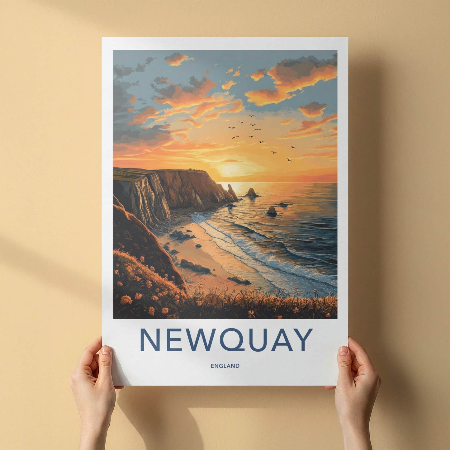 Newquay Poster - England Travel Art - Coastal Sunset Birds Home Decor