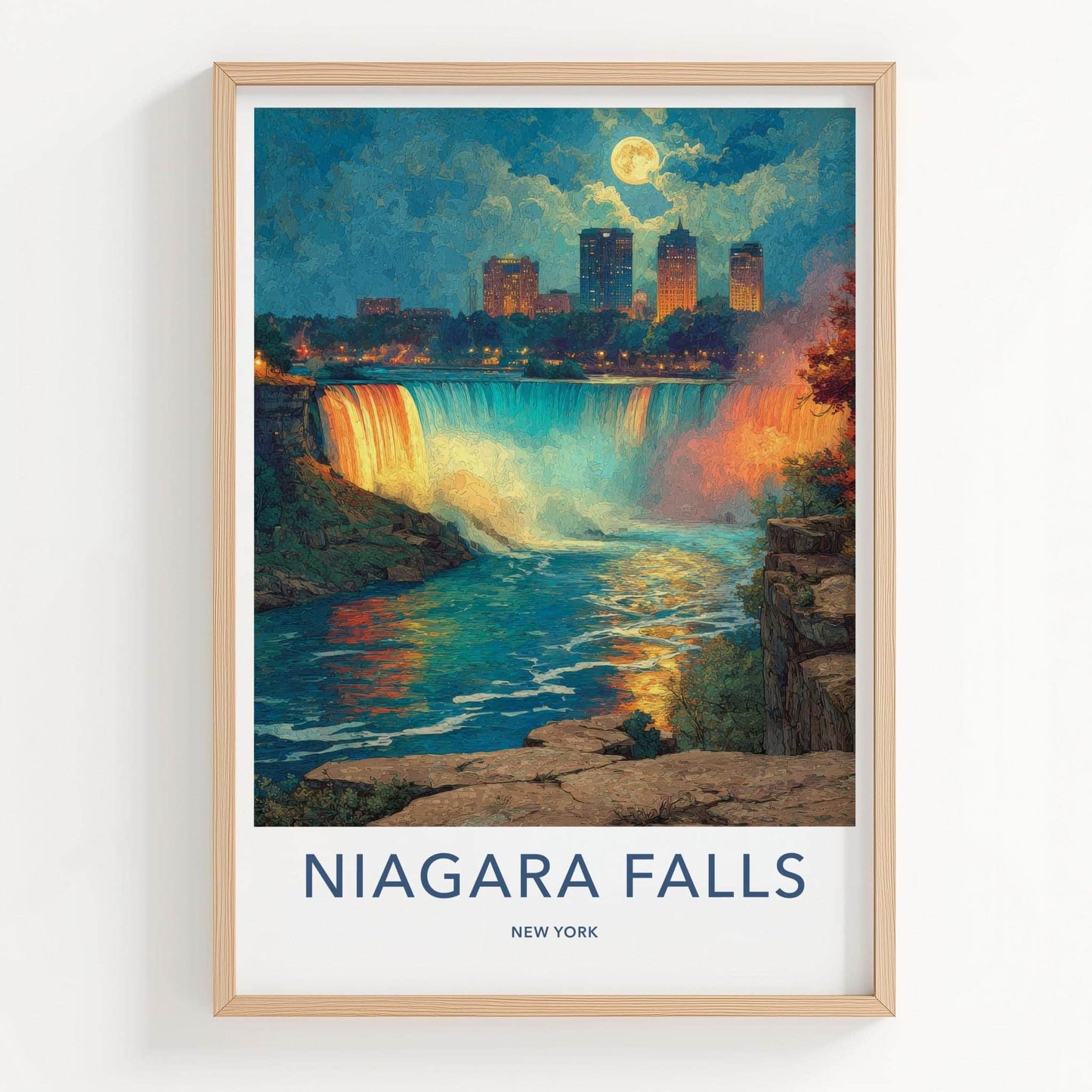 Niagara Falls Poster - New York Travel Art - Moonlit City Falls Home Decor