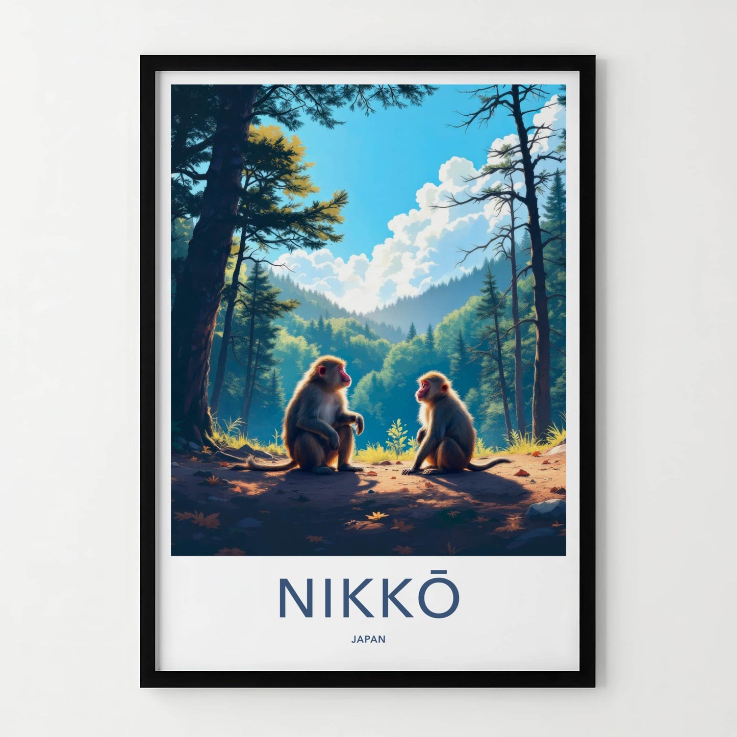 Nikko Poster - Japan Wall Art - Sitting Monkeys Forest Home Decor
