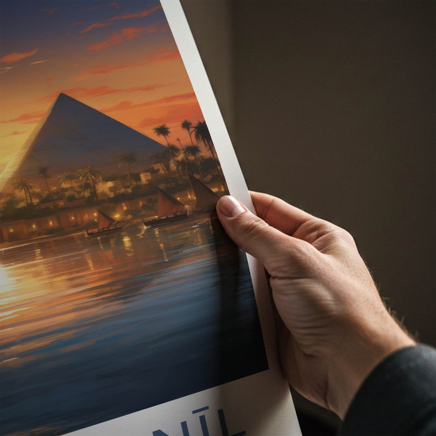 Nile River Poster - Egypt Travel Art - Sunset Pyramid Boats Home Decor