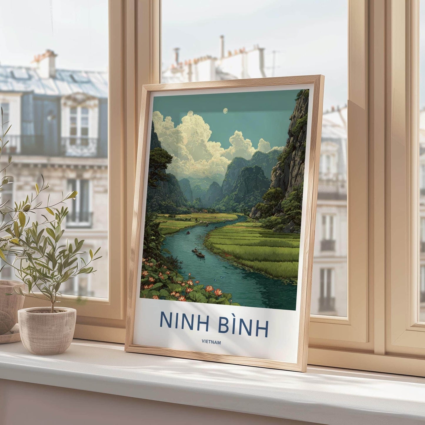 Ninh Binh Poster - Vietnam Framed Art - Karst River Lotus Framed Decor