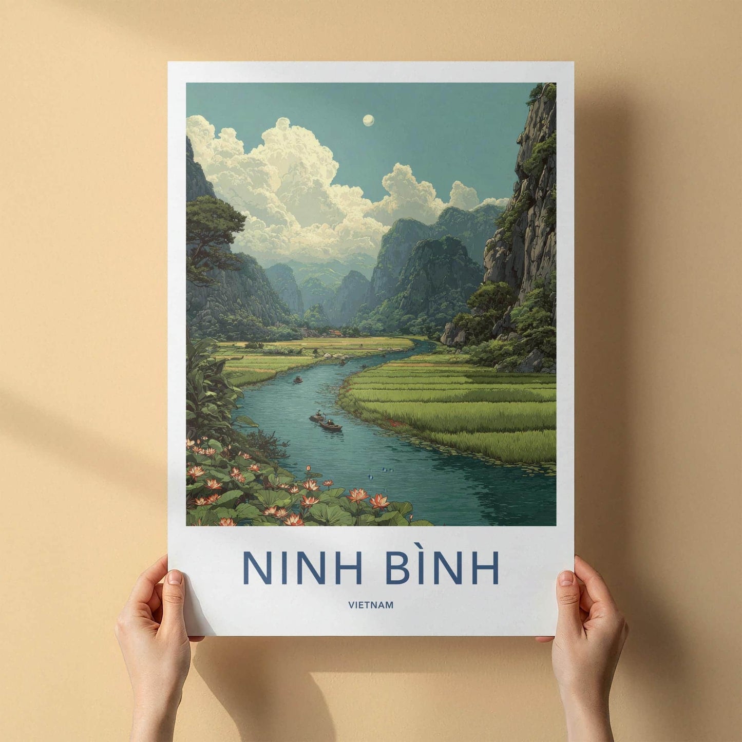 Ninh Binh Poster - Vietnam Framed Art - Karst River Lotus Framed Decor