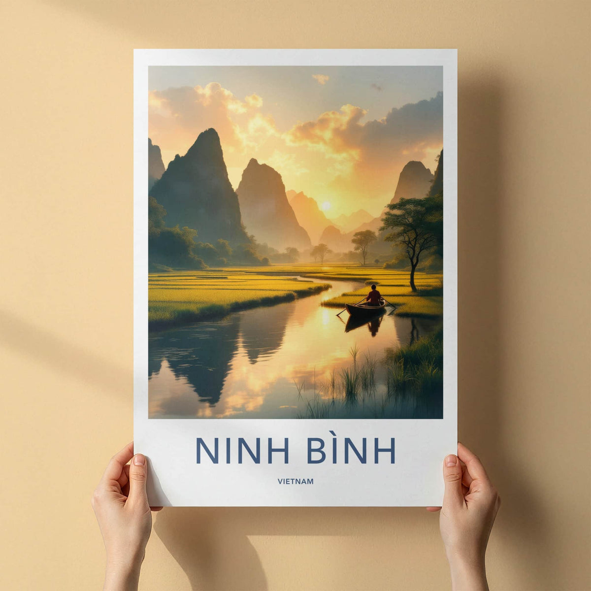 Ninh Binh Poster - Vietnam Travel Art - Golden River Sunset Home Decor