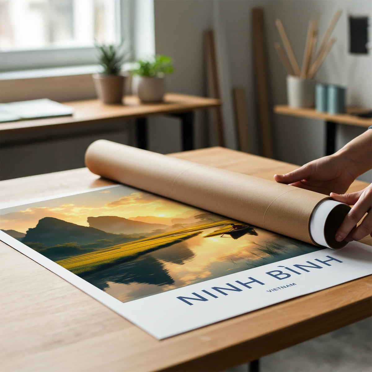 Ninh Binh Poster - Vietnam Travel Art - Golden River Sunset Home Decor