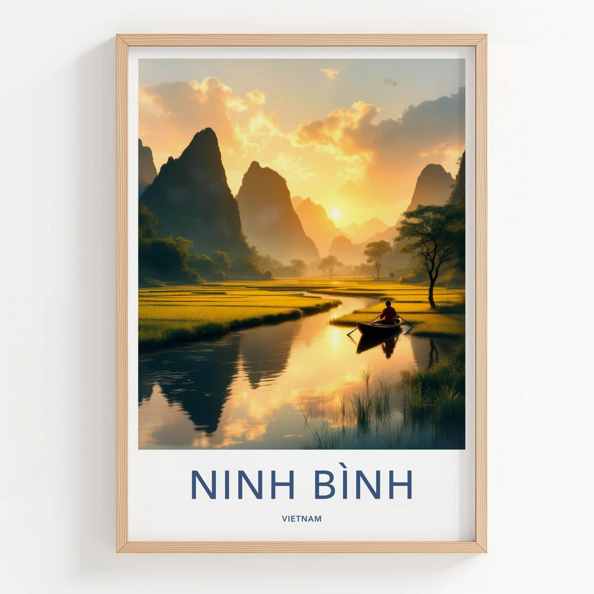 Ninh Binh Poster - Vietnam Travel Art - Golden River Sunset Home Decor