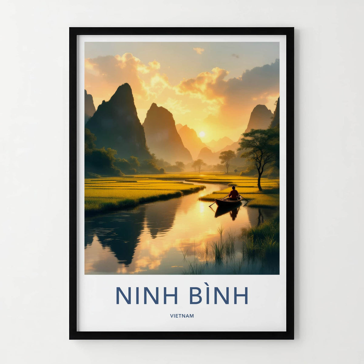 Ninh Binh Poster - Vietnam Travel Art - Golden River Sunset Home Decor
