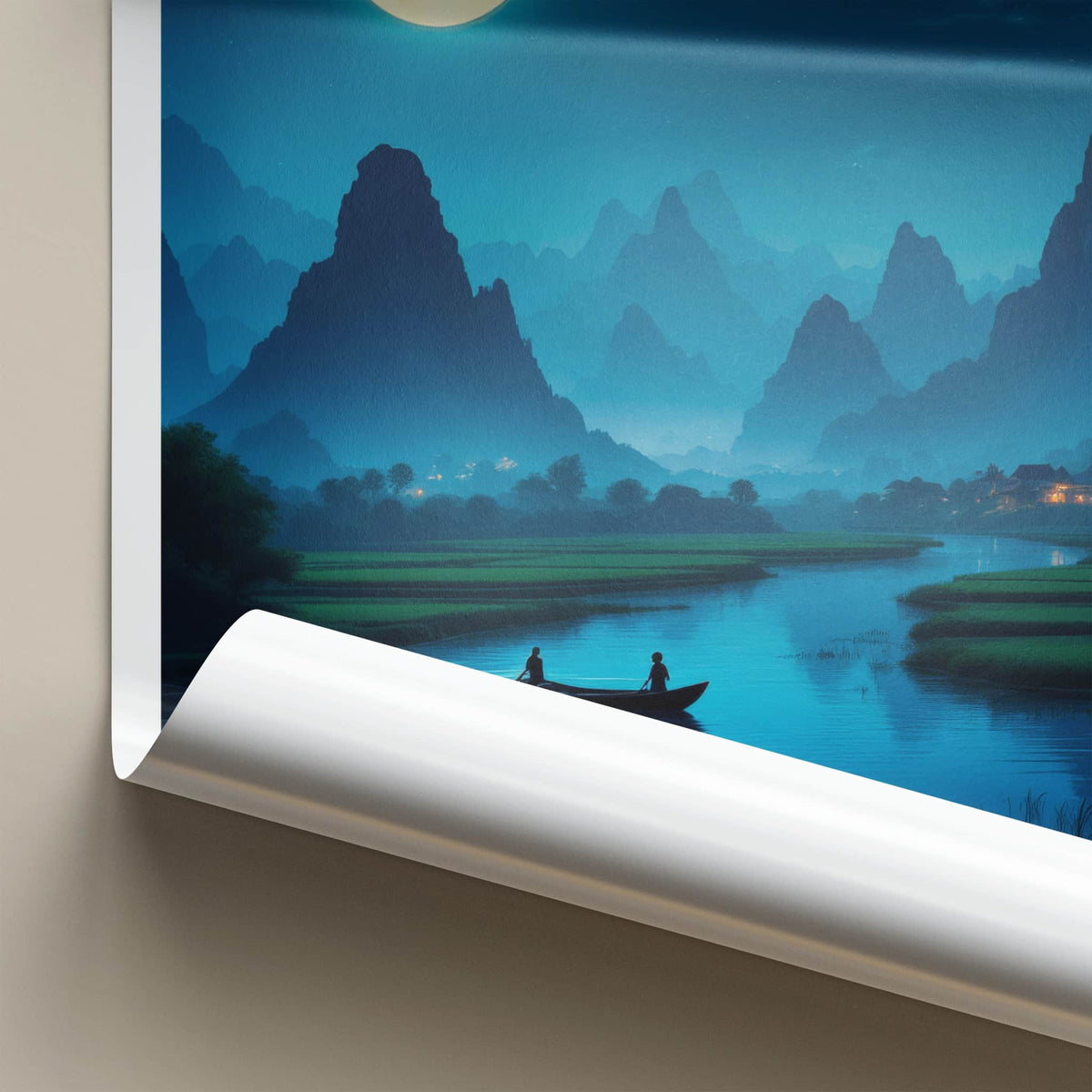 Ninh Binh Poster - Vietnam Travel Art - Moonlit River Boat Home Decor