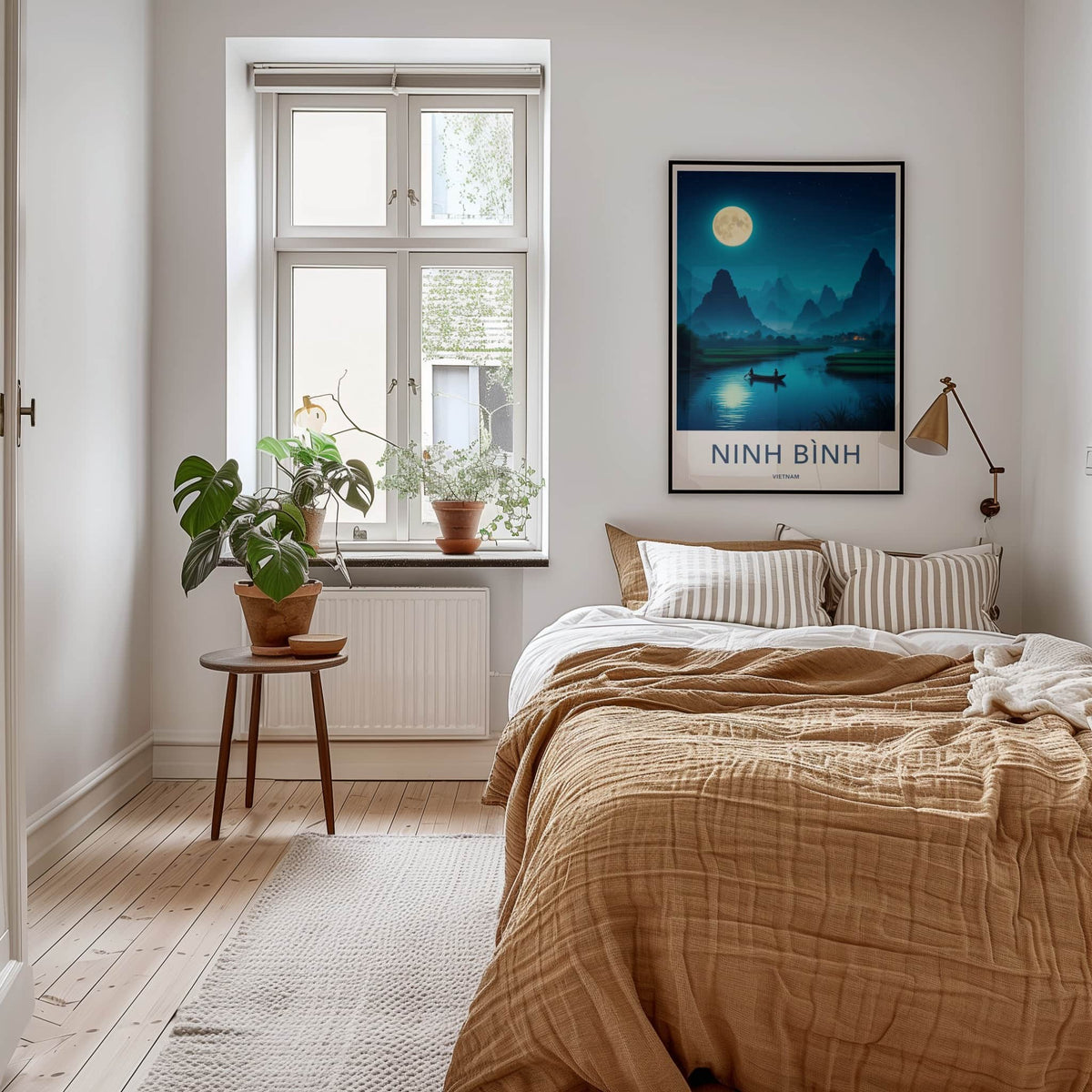 Ninh Binh Poster - Vietnam Travel Art - Moonlit River Boat Home Decor