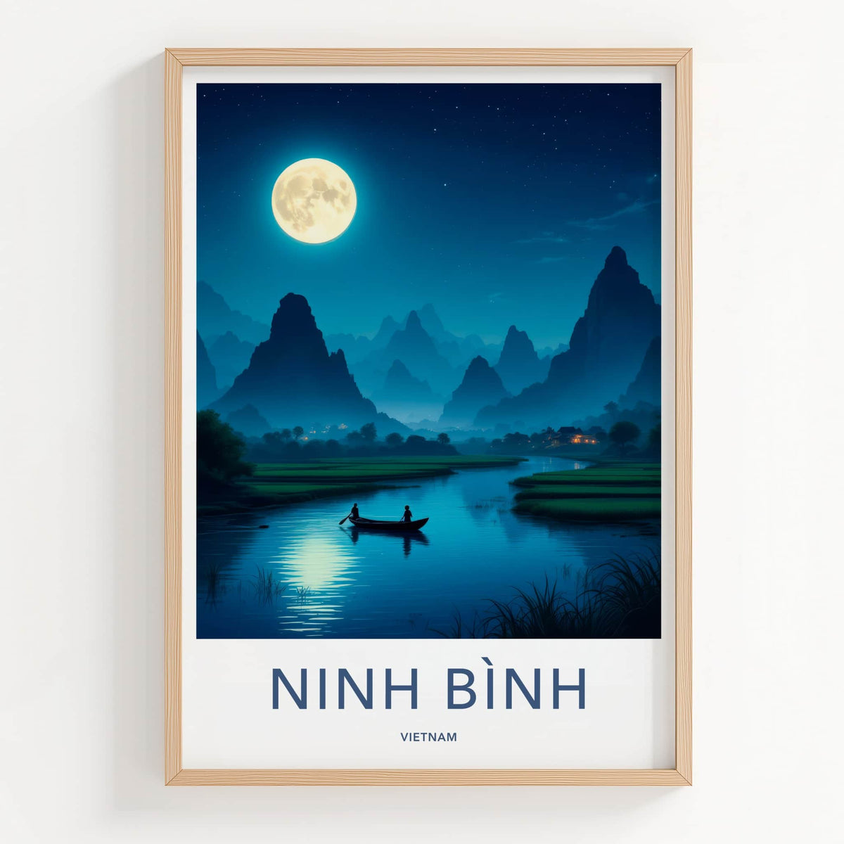 Ninh Binh Poster - Vietnam Travel Art - Moonlit River Boat Home Decor