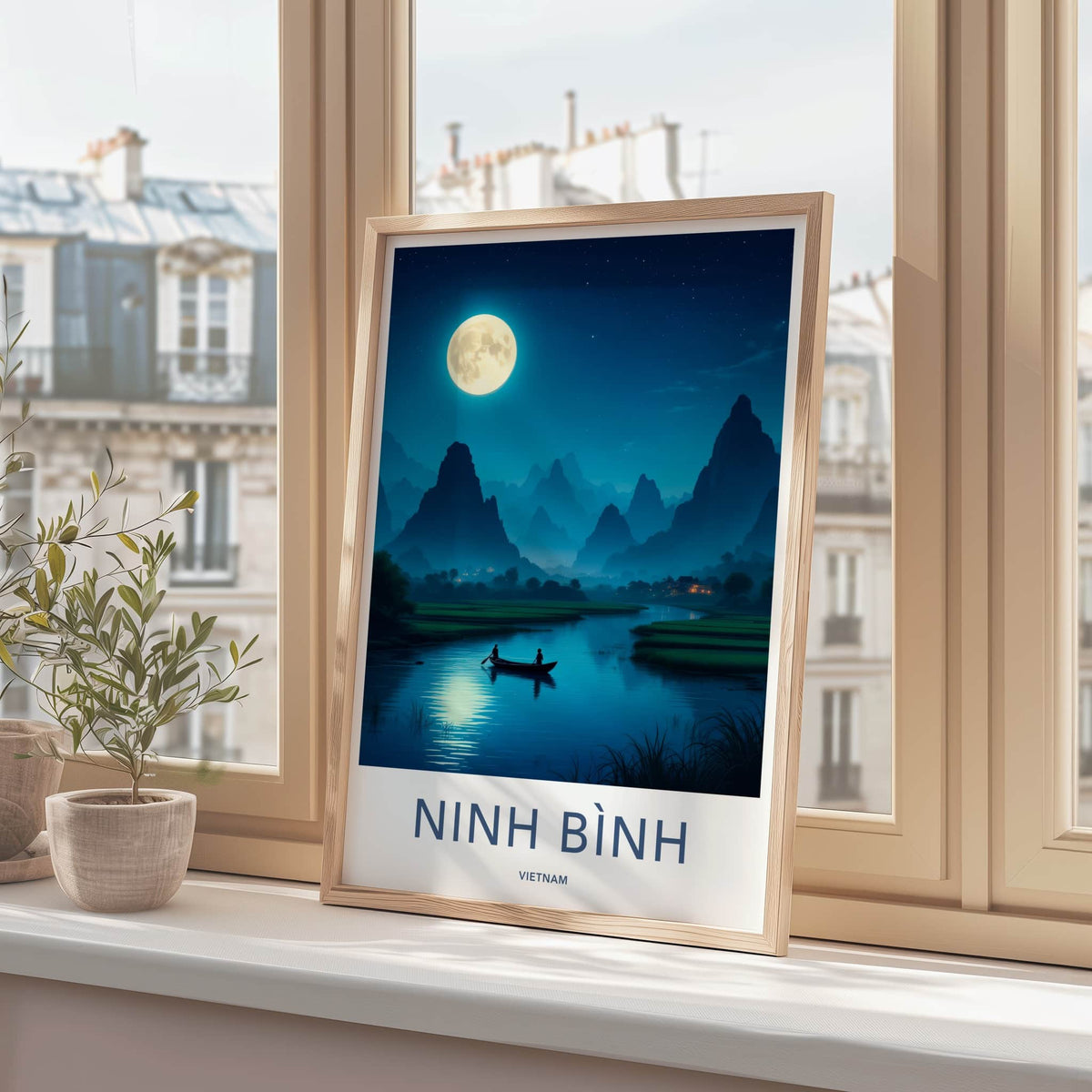 Ninh Binh Poster - Vietnam Travel Art - Moonlit River Boat Home Decor