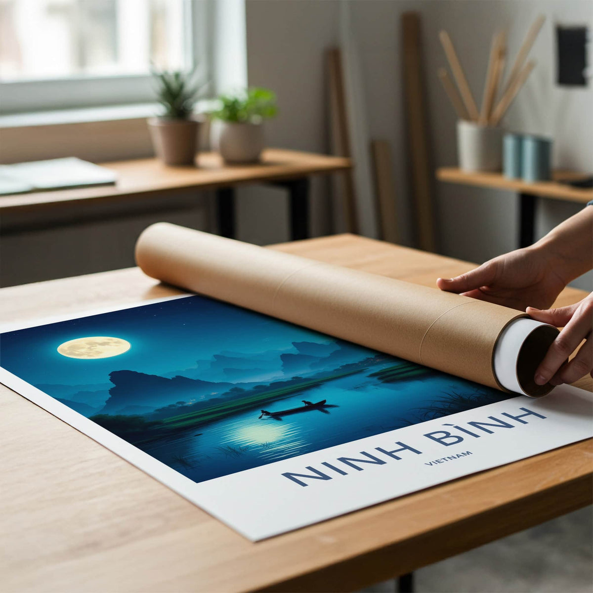 Ninh Binh Poster - Vietnam Travel Art - Moonlit River Boat Home Decor