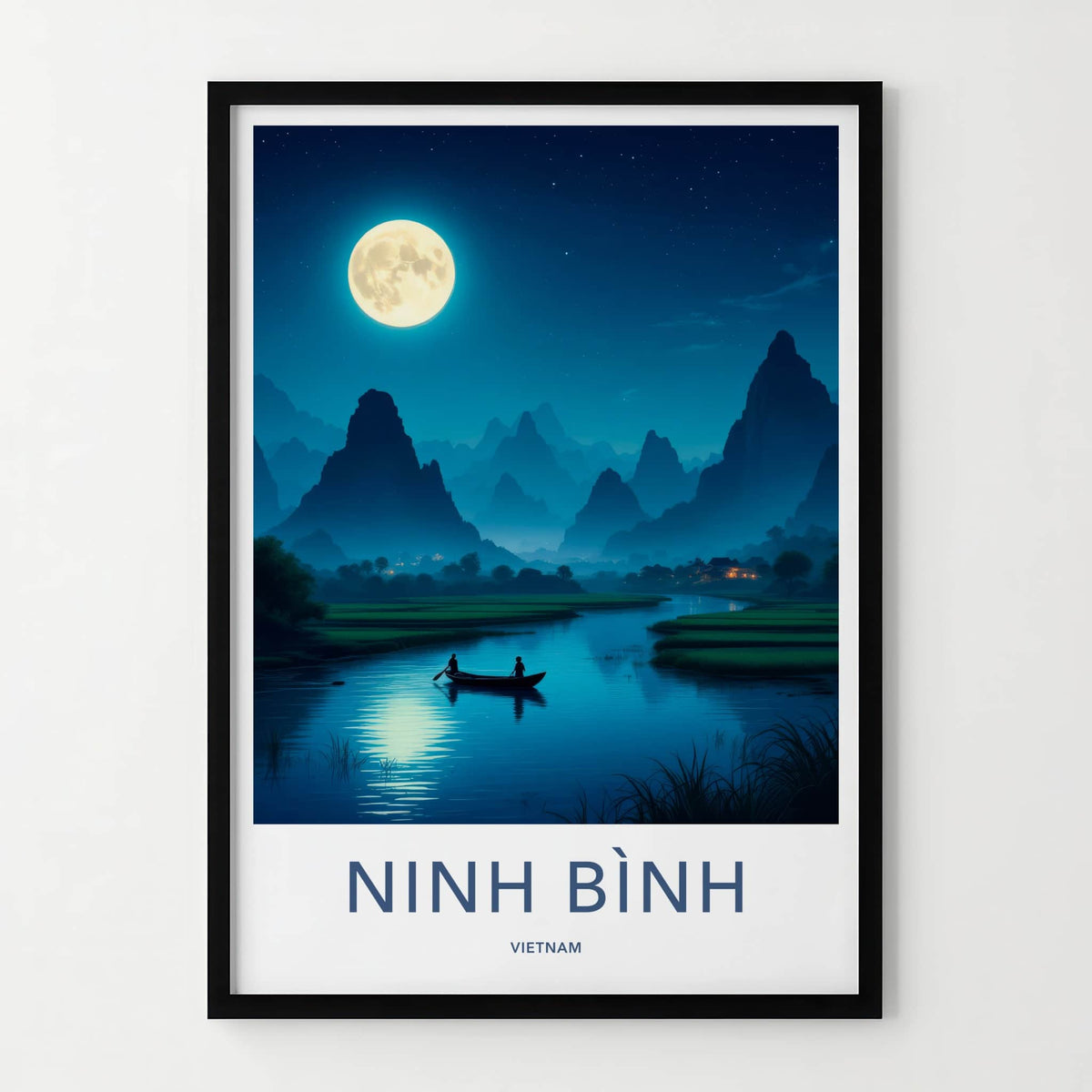 Ninh Binh Poster - Vietnam Travel Art - Moonlit River Boat Home Decor