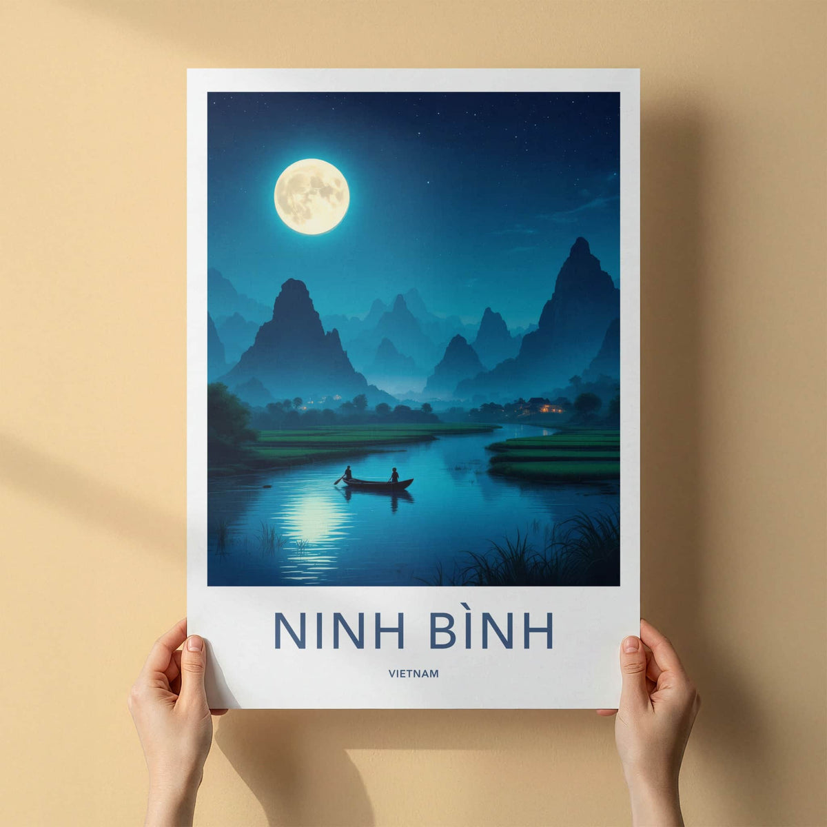 Ninh Binh Poster - Vietnam Travel Art - Moonlit River Boat Home Decor