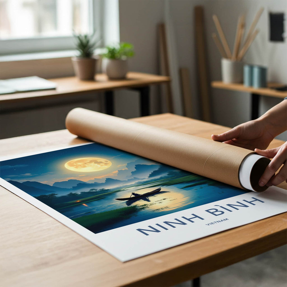 Ninh Binh Poster - Vietnam Travel Art - Moonlit River Boatman Home Decor