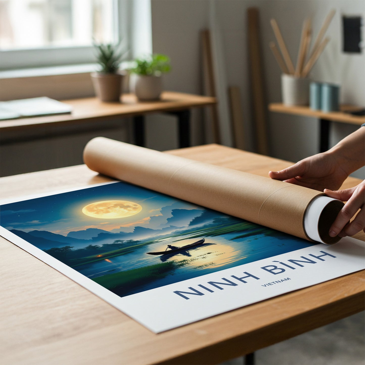 Ninh Binh Poster - Vietnam Travel Art - Moonlit River Boatman Home Decor