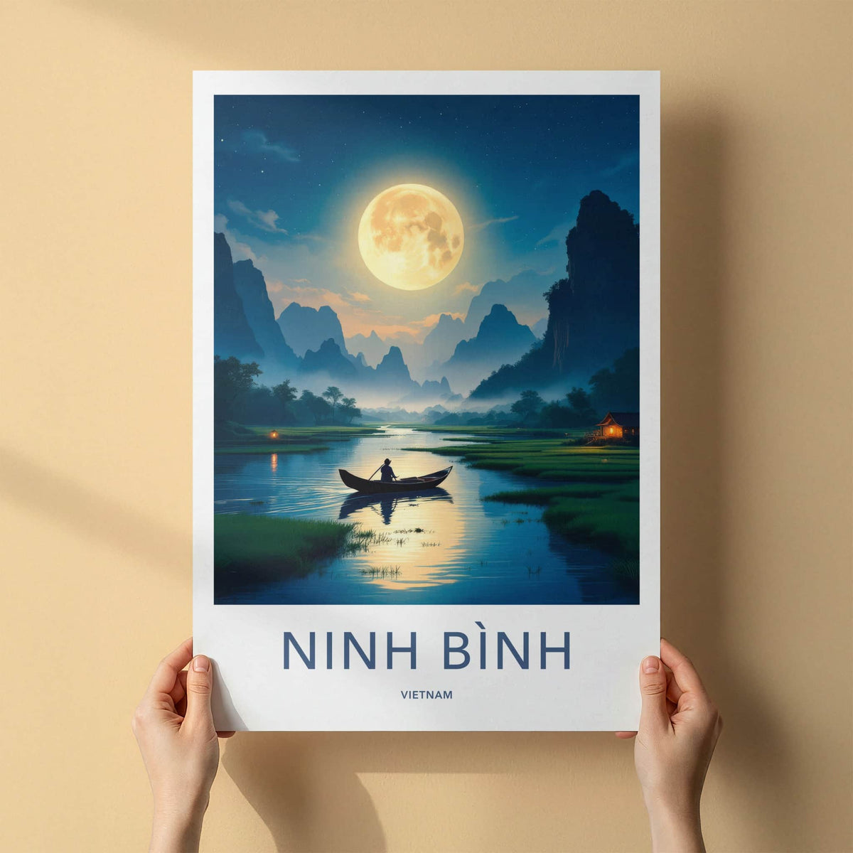 Ninh Binh Poster - Vietnam Travel Art - Moonlit River Boatman Home Decor