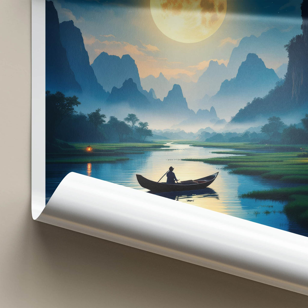 Ninh Binh Poster - Vietnam Travel Art - Moonlit River Boatman Home Decor