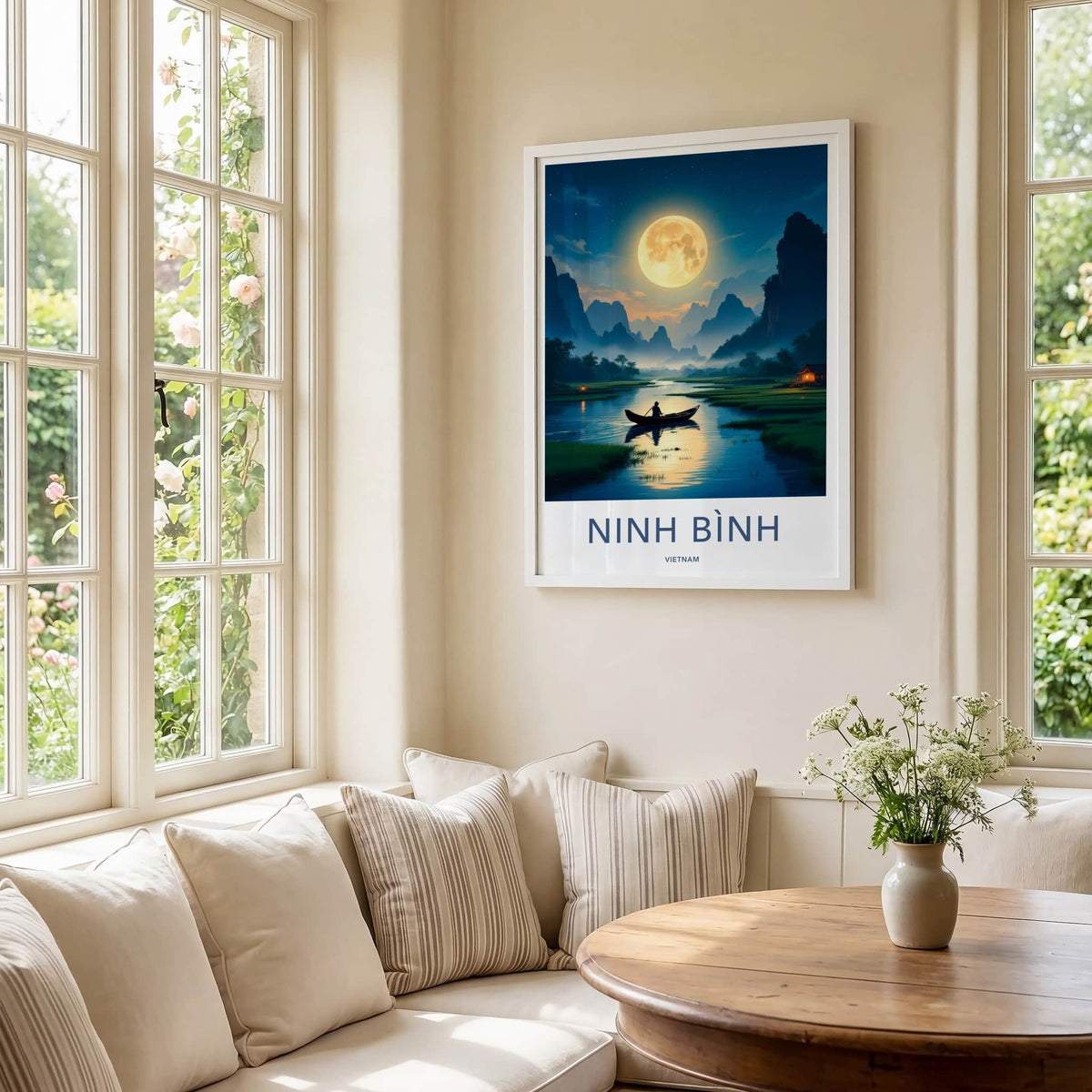 Ninh Binh Poster - Vietnam Travel Art - Moonlit River Boatman Home Decor