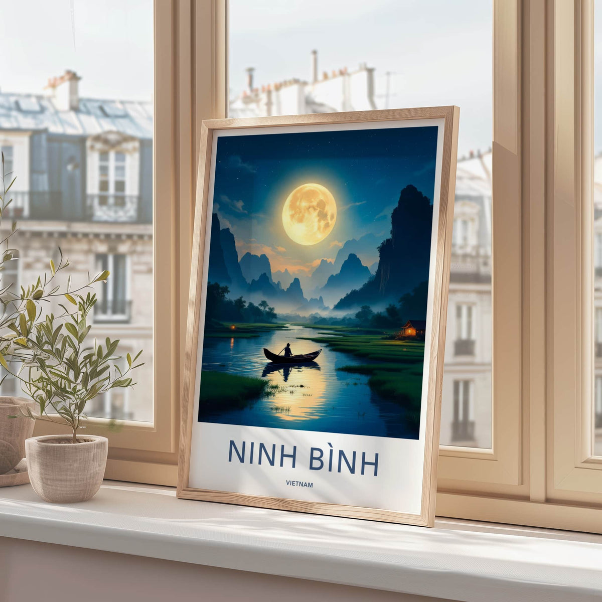 Ninh Binh Poster - Vietnam Travel Art - Moonlit River Boatman Home Decor