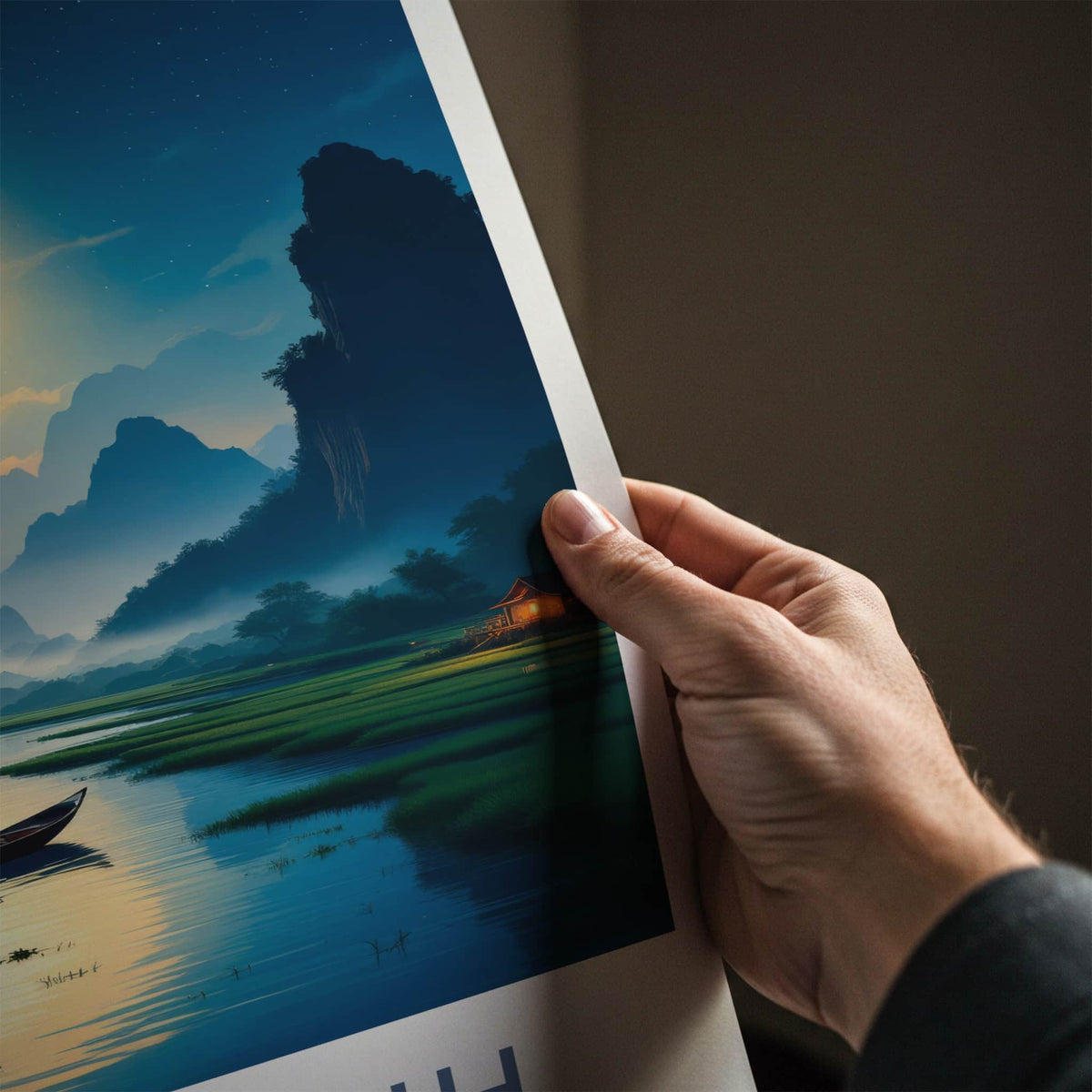 Ninh Binh Poster - Vietnam Travel Art - Moonlit River Boatman Home Decor