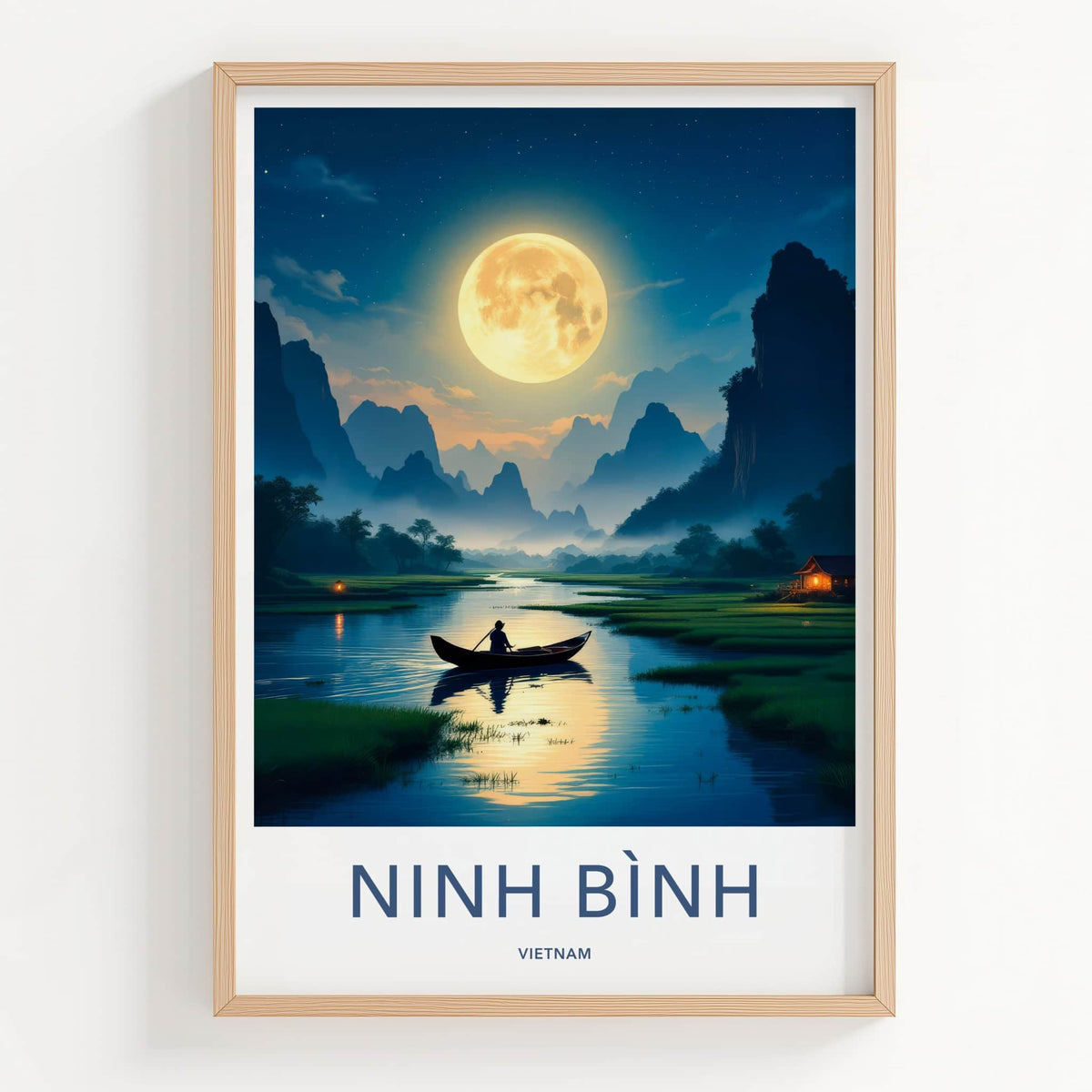 Ninh Binh Poster - Vietnam Travel Art - Moonlit River Boatman Home Decor