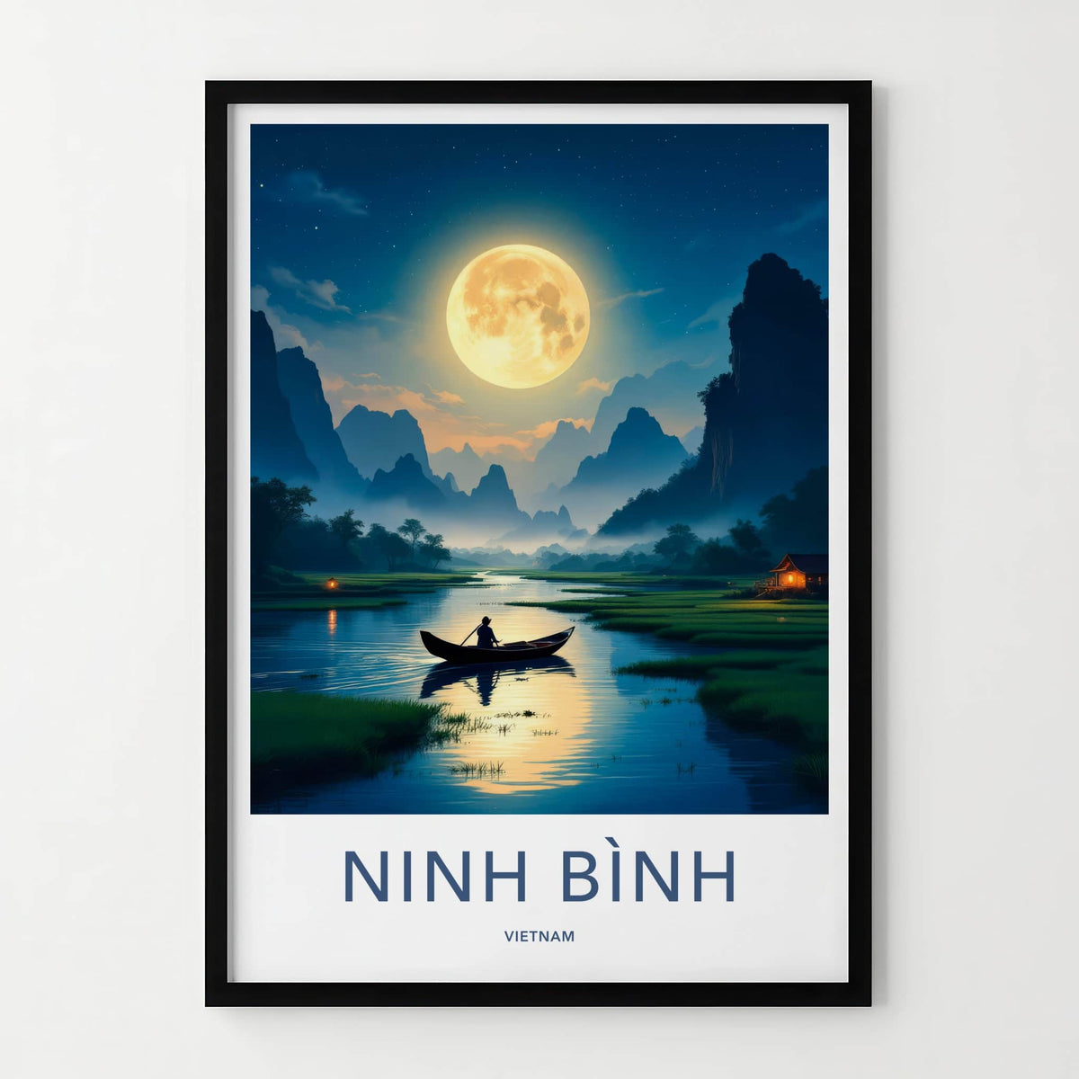 Ninh Binh Poster - Vietnam Travel Art - Moonlit River Boatman Home Decor