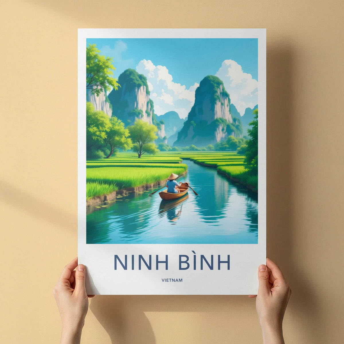 Ninh Binh Poster - Vietnam Travel Art - Paddles River Mountains Home Decor