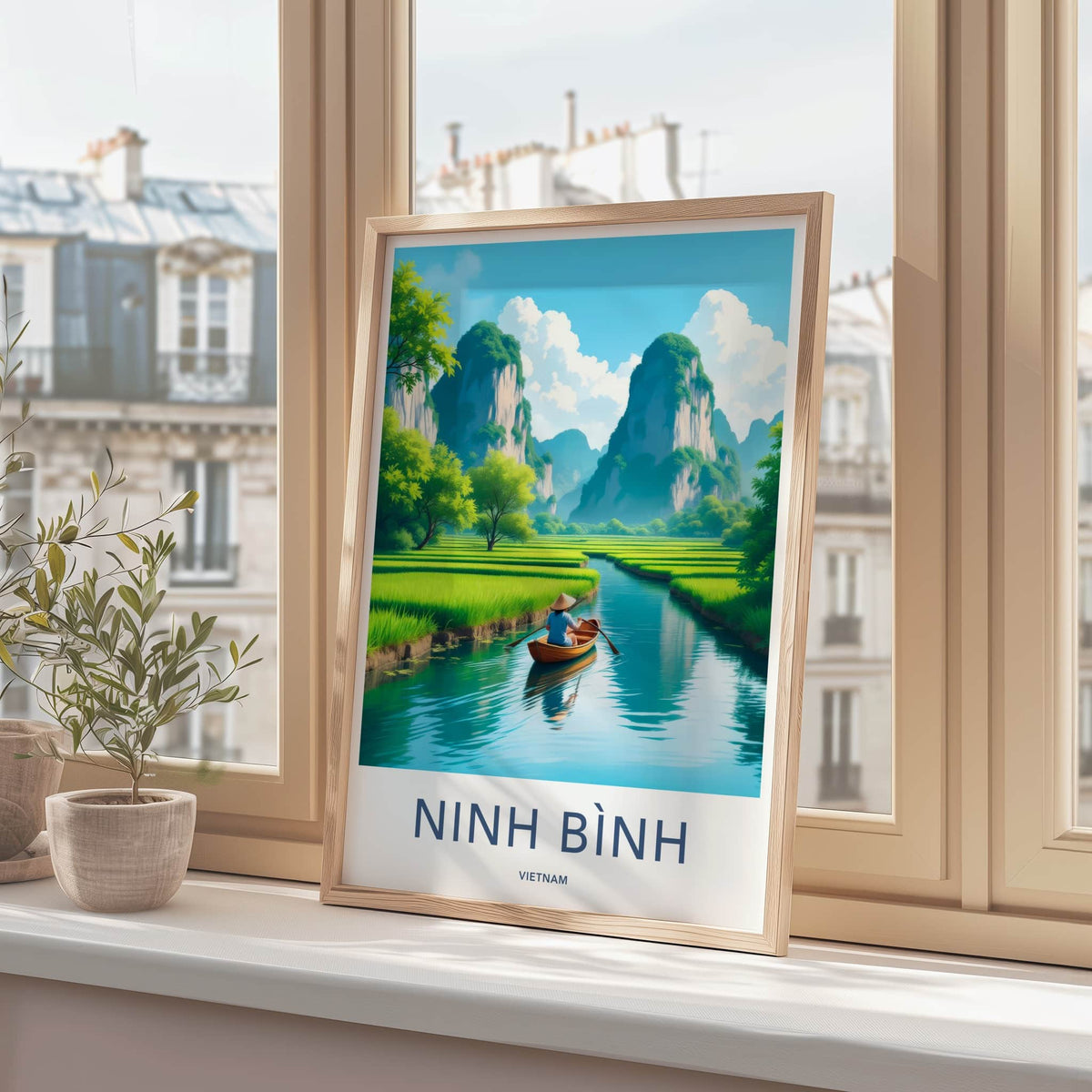 Ninh Binh Poster - Vietnam Travel Art - Paddles River Mountains Home Decor