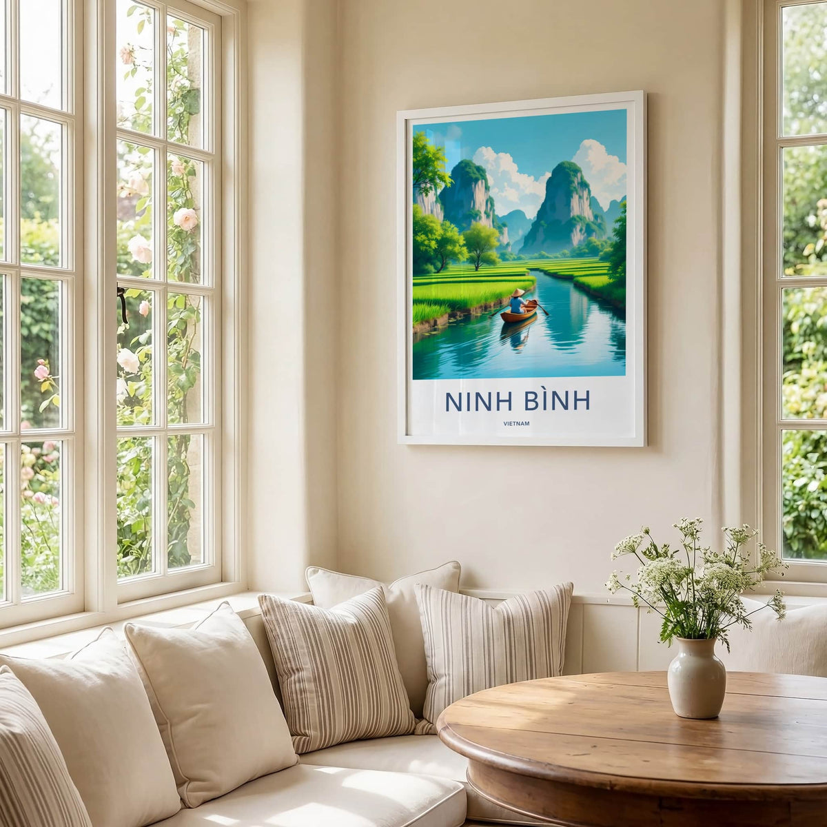 Ninh Binh Poster - Vietnam Travel Art - Paddles River Mountains Home Decor